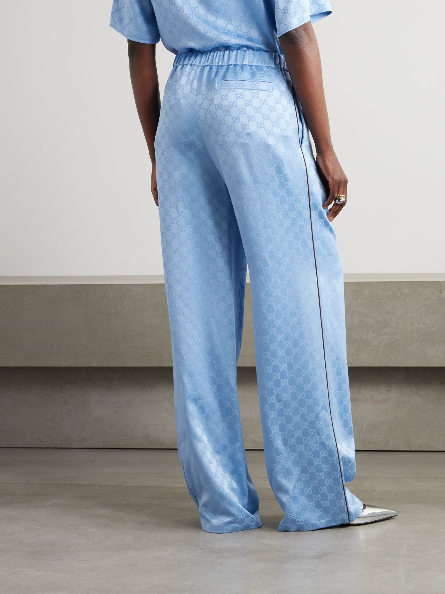 Hammered satin-jacquard wide-leg pants Sky blue - 3