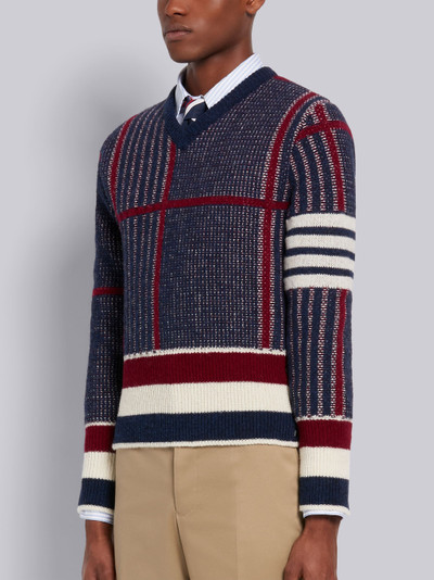 Thom Browne Tricolor Shetland Wool Oversized Check Jacquard V-Neck 4-Bar Pullover outlook