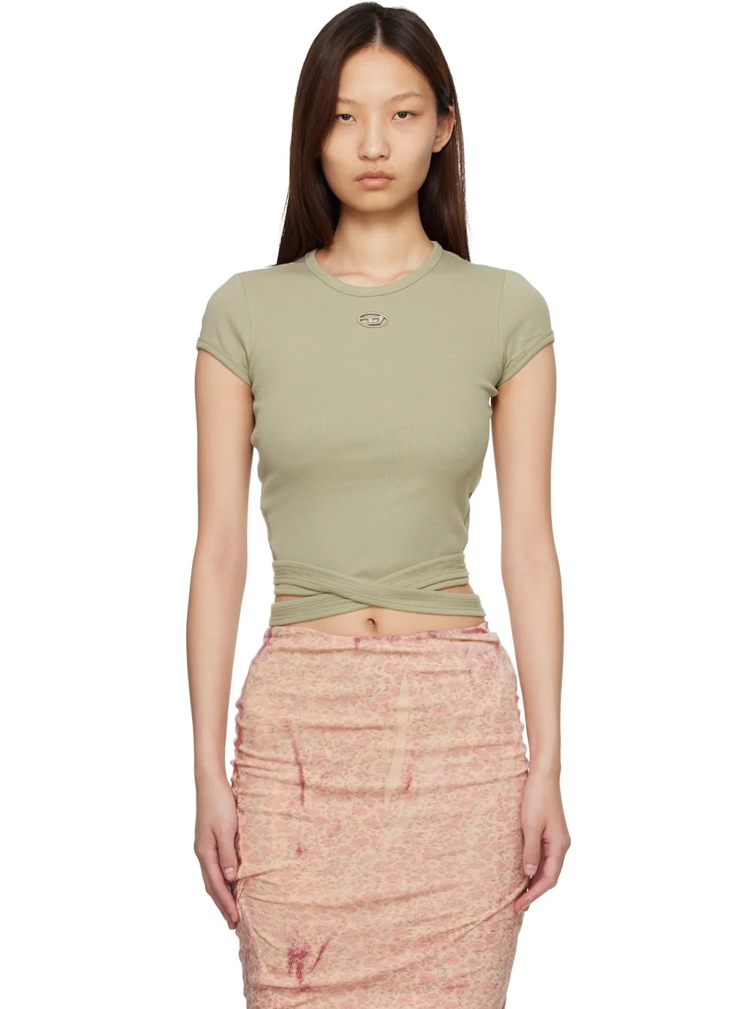 Beige Ribbed Wrap-Around Laces T-shirt - 1