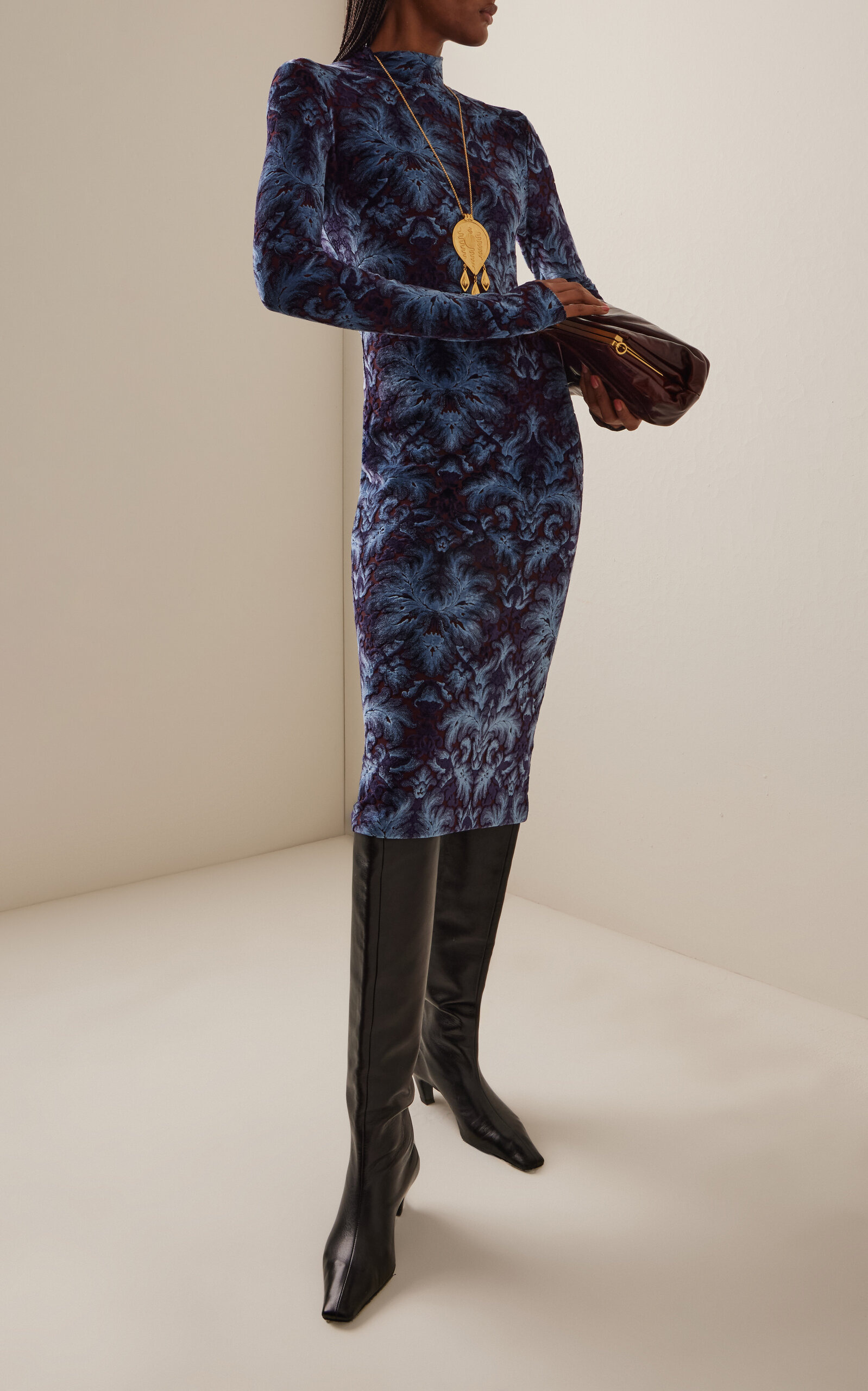 Printed Velvet Midi Dress blue - 2