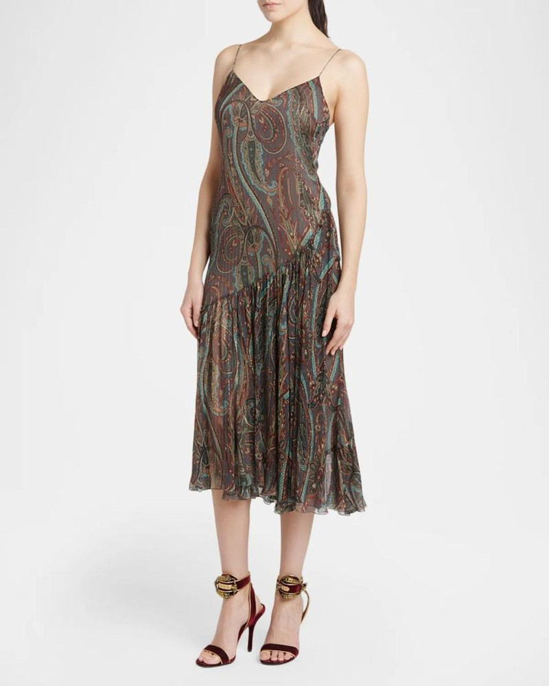 Metallic Paisley Silk Ruffle Midi Slip Dress 4