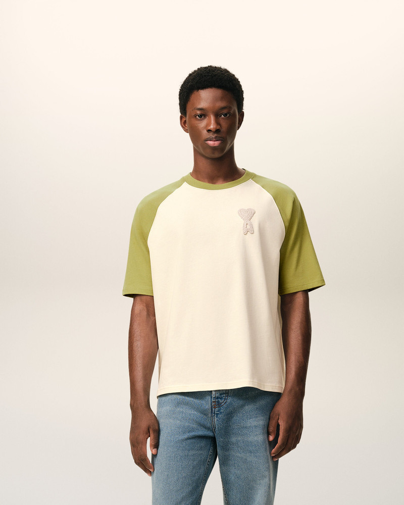 AMI Paris WHITE AND GREEN COTTON AMI DE COEUR KNITTED PATCH T-SHIRT outlook