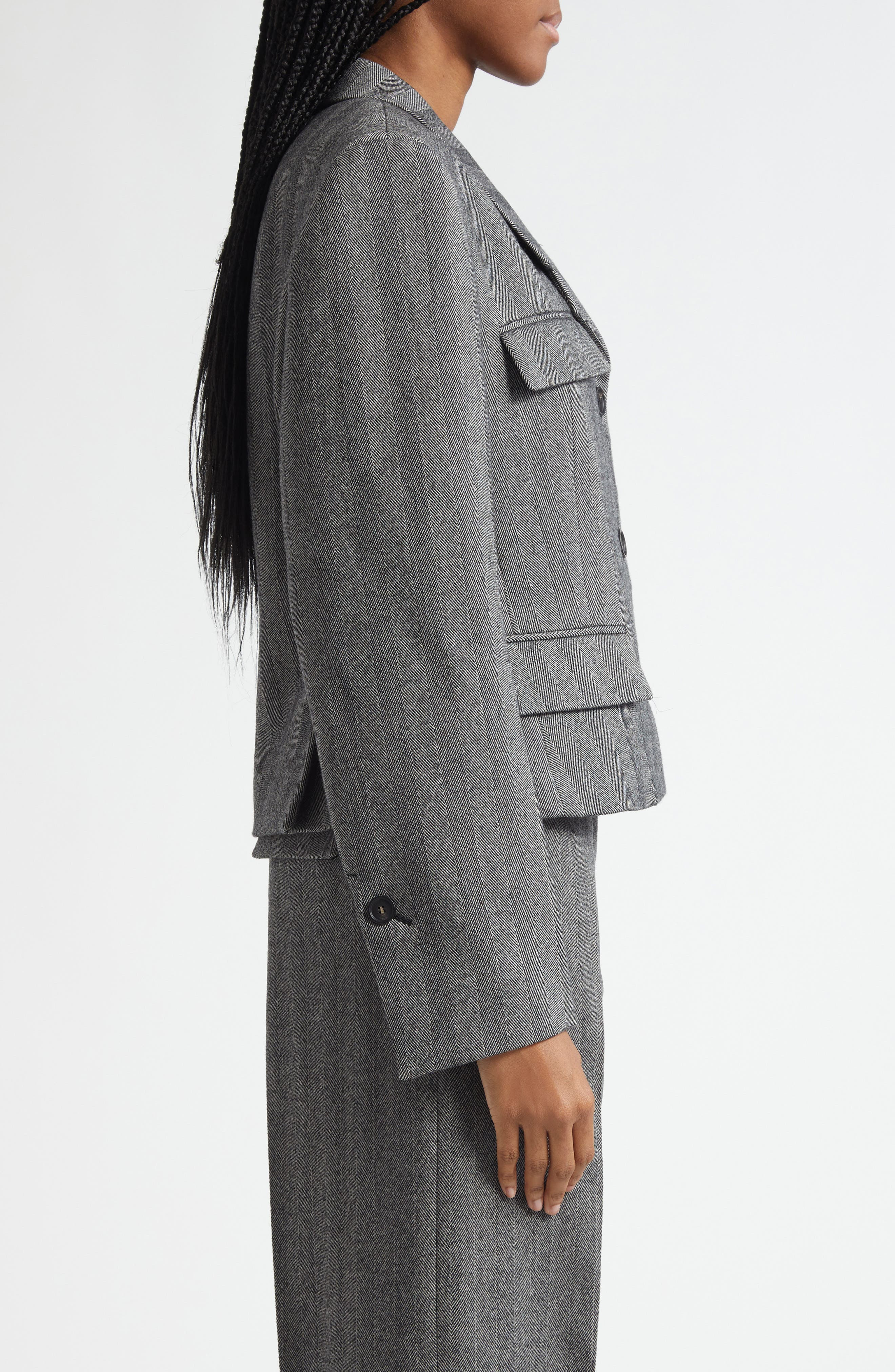 FERRAGAMO Wool Blend Herringbone Crop Jacket in Nero/White Sand at Nordstrom - 4