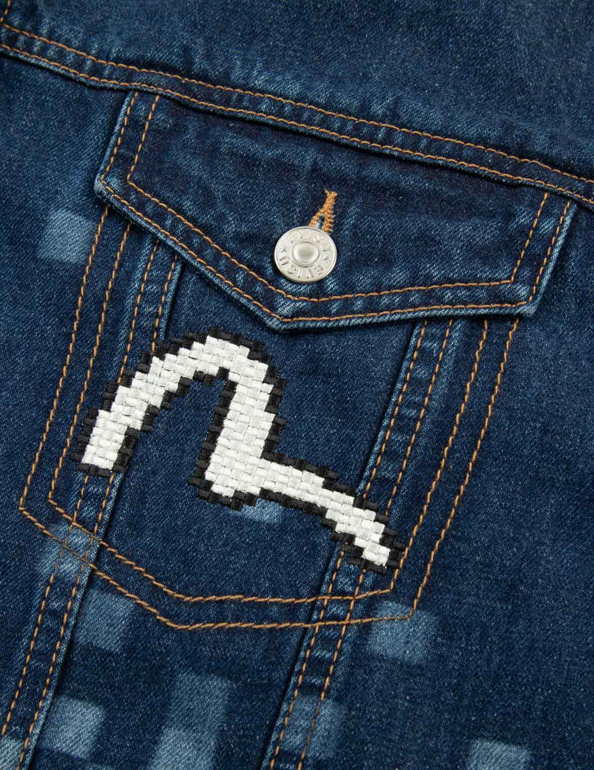 PIXEL SEAGULL EMBROIDERY AND PRINT OVERSIZED DENIM JACKET - 8
