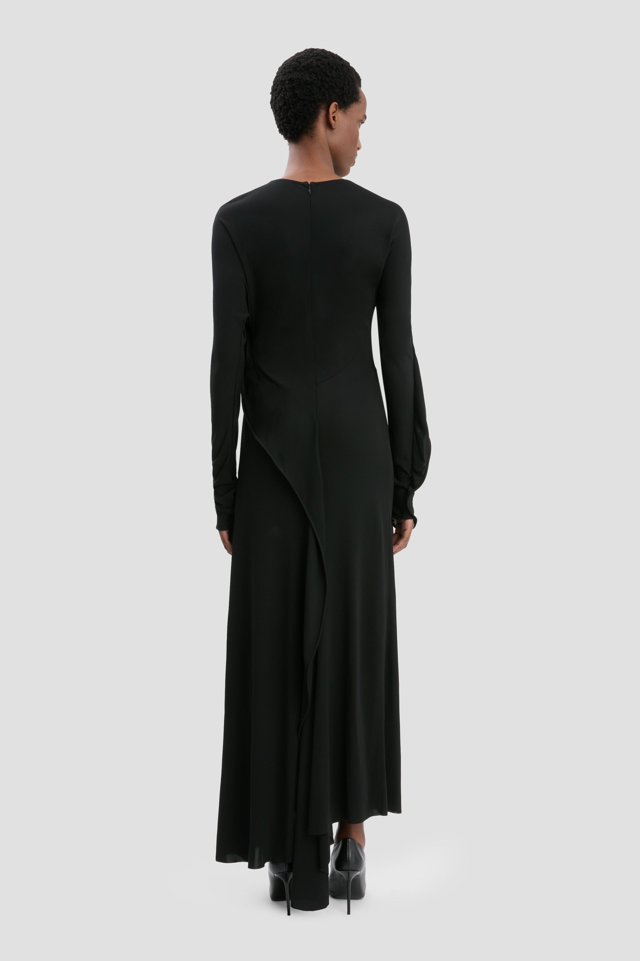 Long Sleeve Draped Jersey Midi Dress In Black - 5