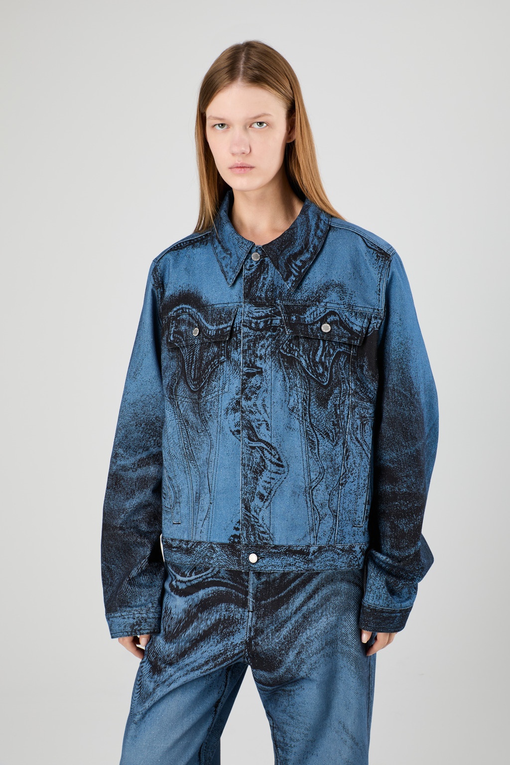 Dark Blue-Black Distorted Print Denim Jacket - 2