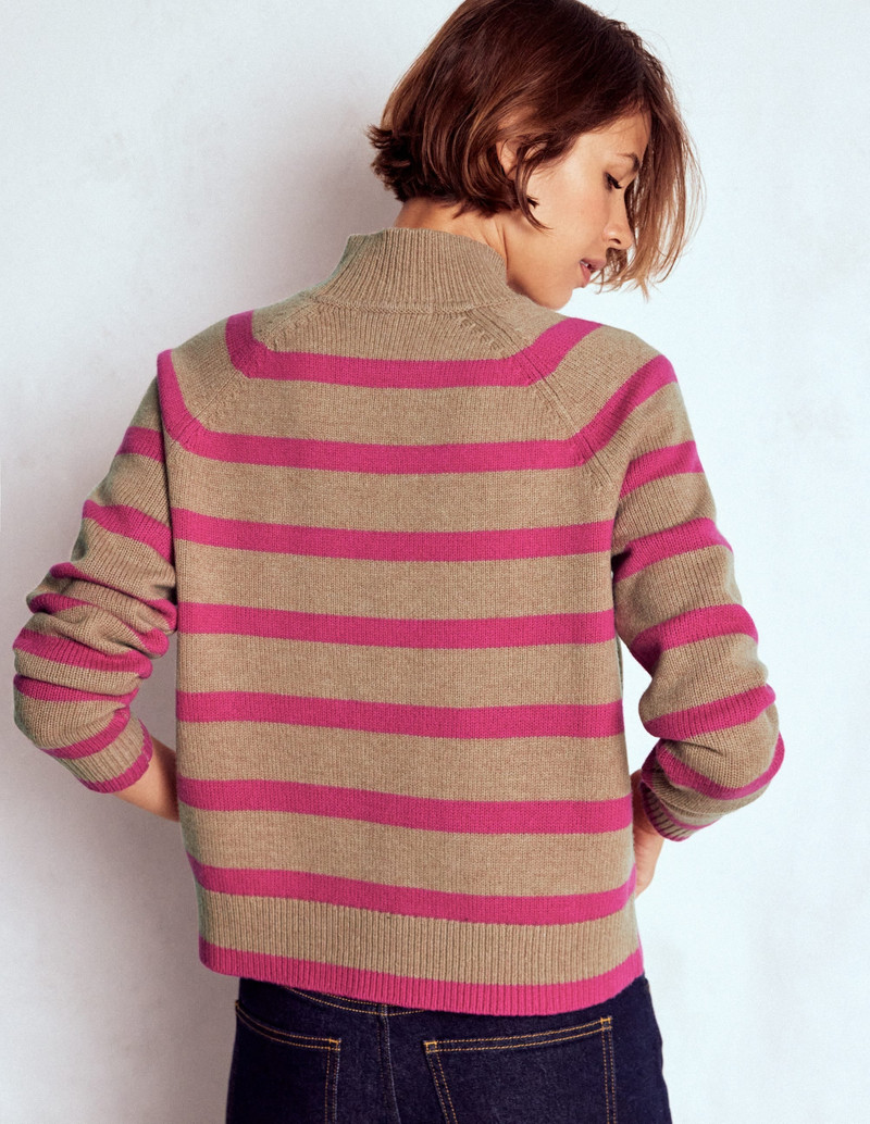 Marion Merino Rib Neck Sweater-Camel, Brilliant Pink Stripe 5