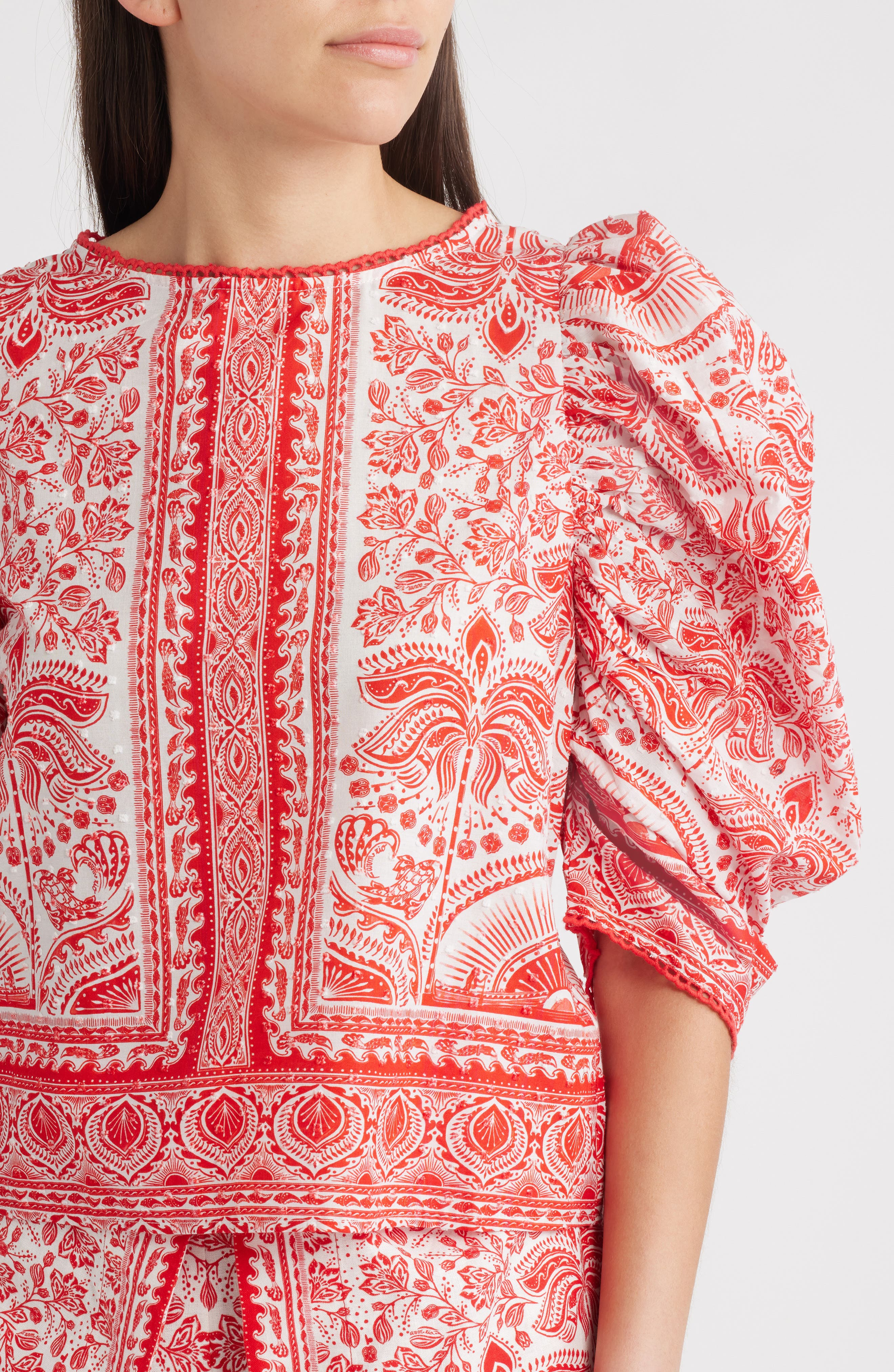 FARM Rio River Ride Puff Sleeve Cotton Top in Red at Nordstrom - 4