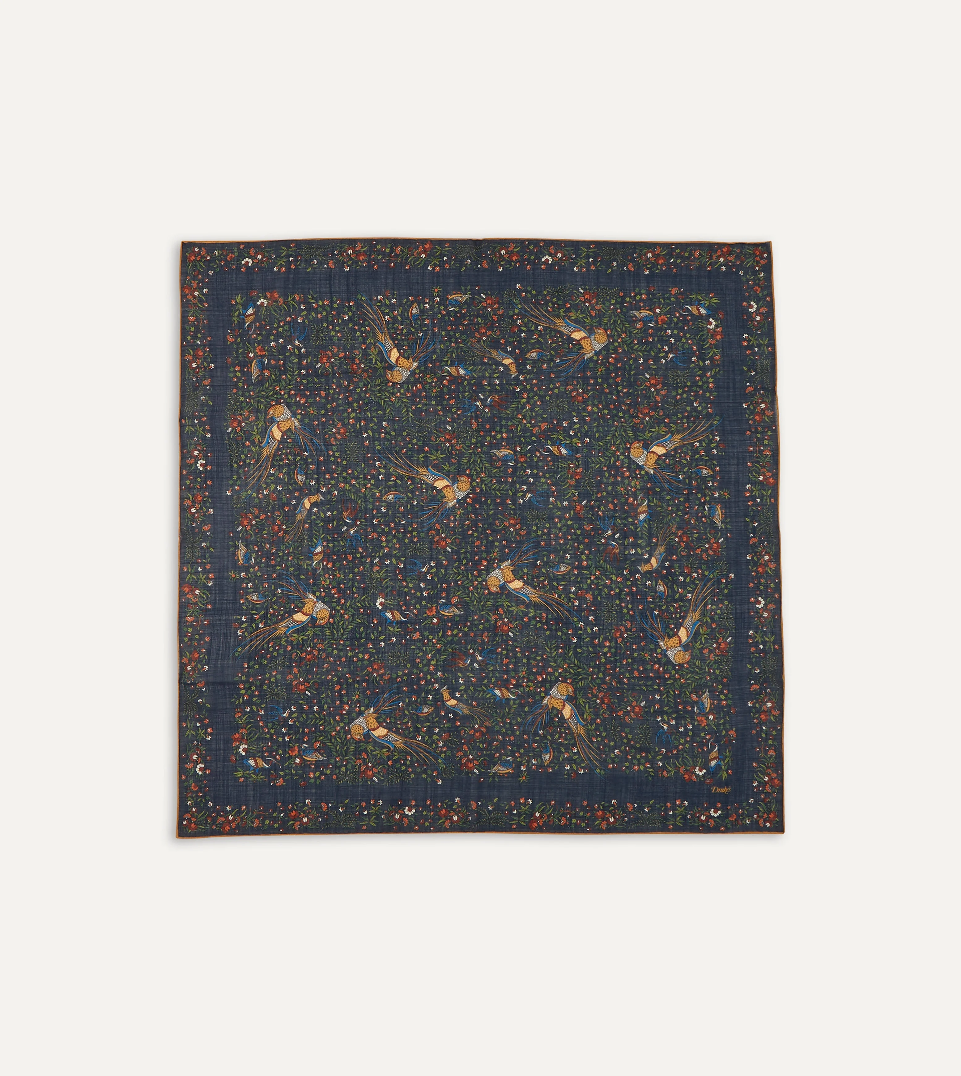 Navy Birds of Paradise Print Wool-Silk Square Scarf - 1