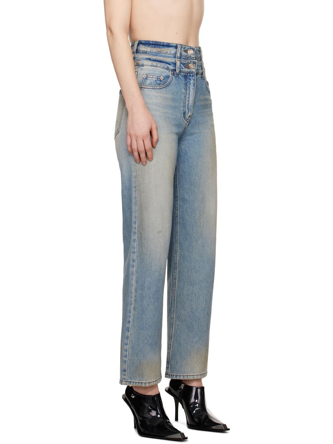 Blue Double Waist Dirty Jeans - 2