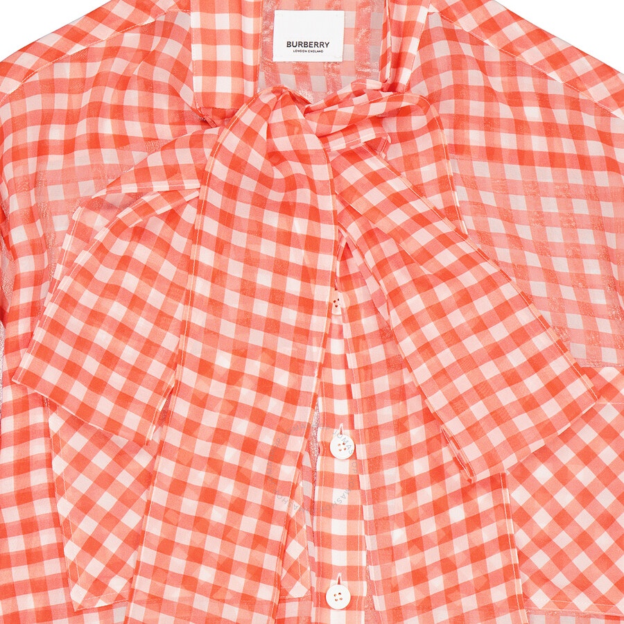 Burberry Gingham Silk Chiffon Pussy-bow Blouse - 6