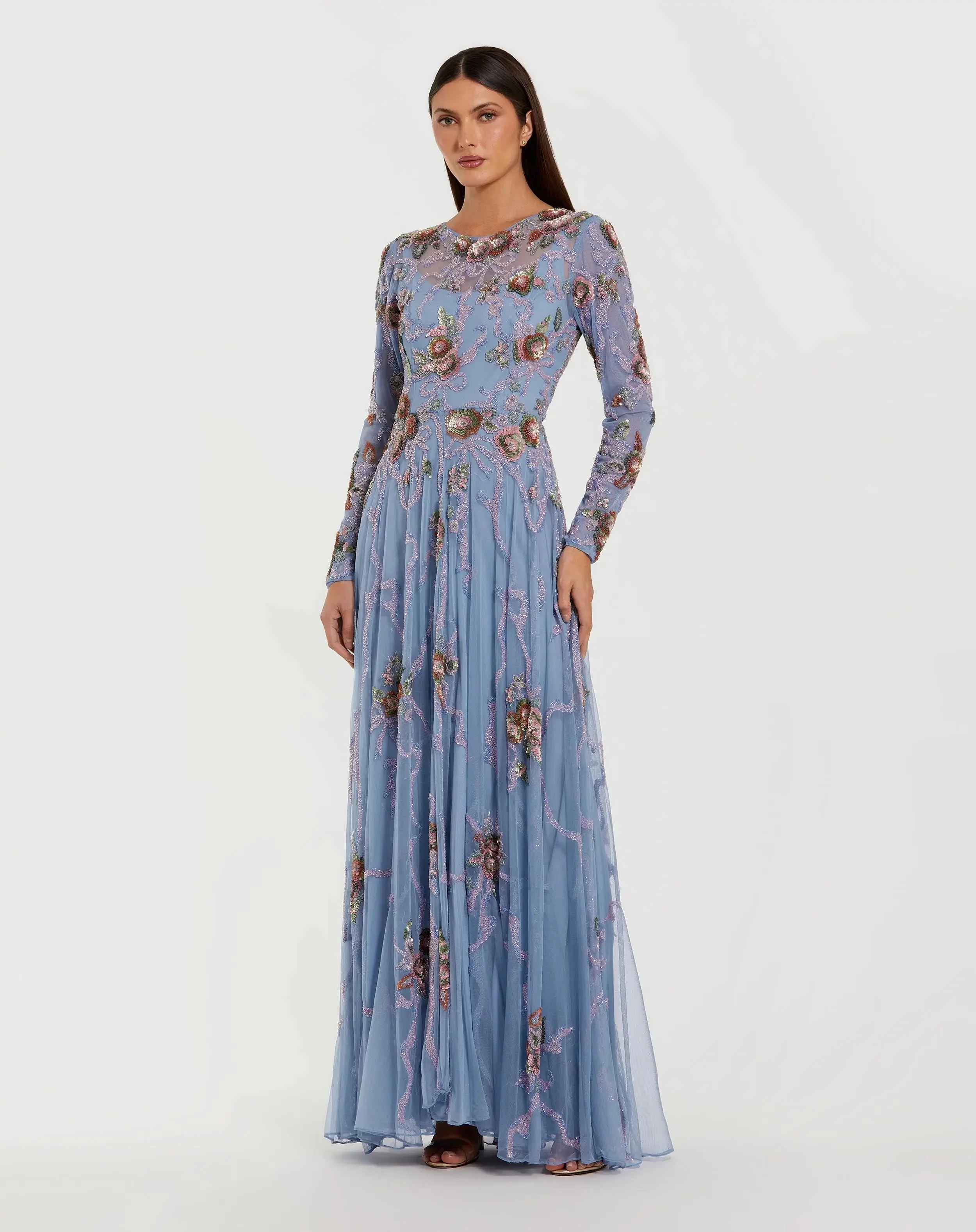 Blue Floral Bow Beaded Long Sleeve Gown - 1