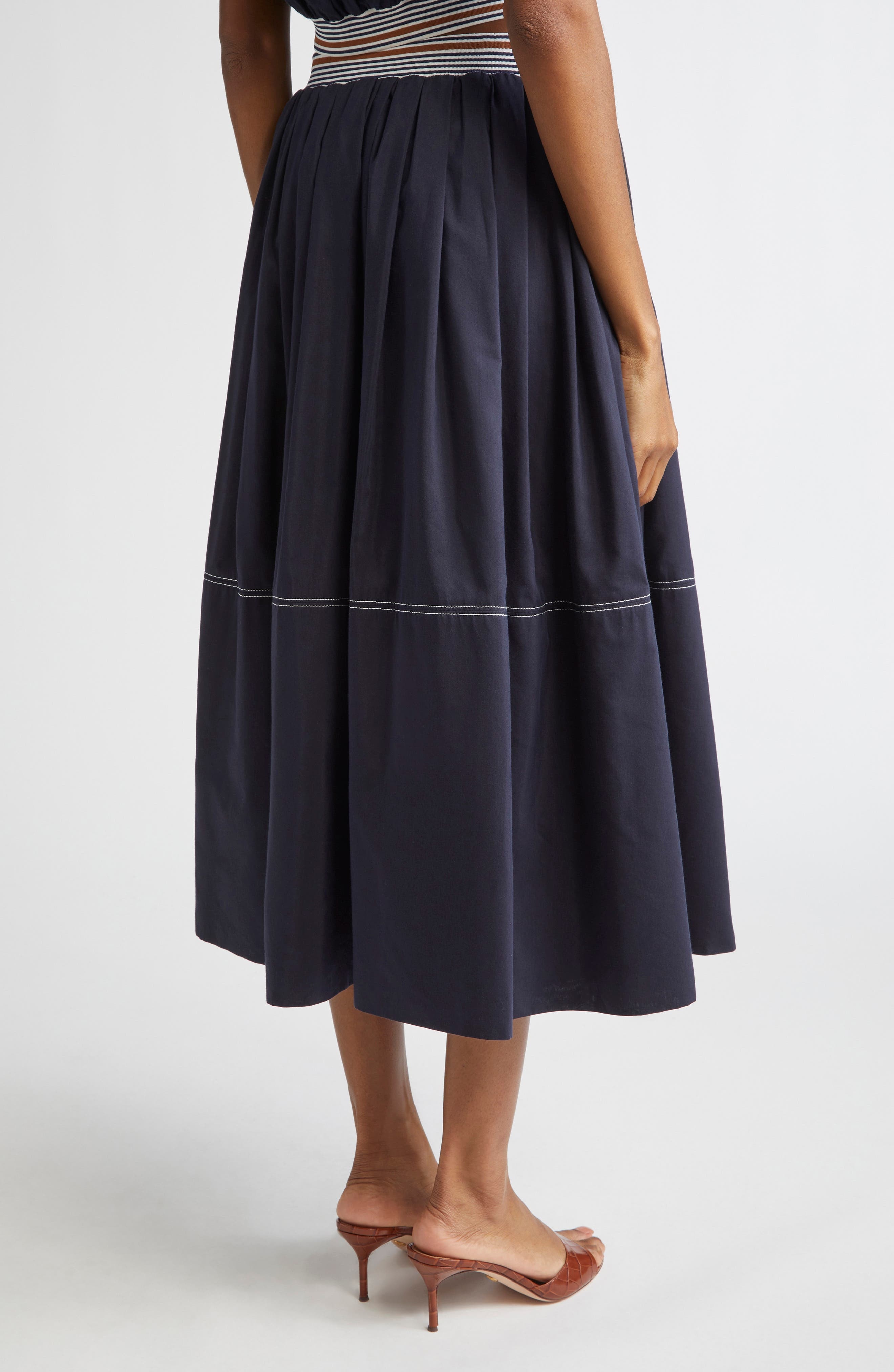 Veronica Beard Evelina Topstitch Detail Cotton & Silk Skirt in Navy at Nordstrom - 3