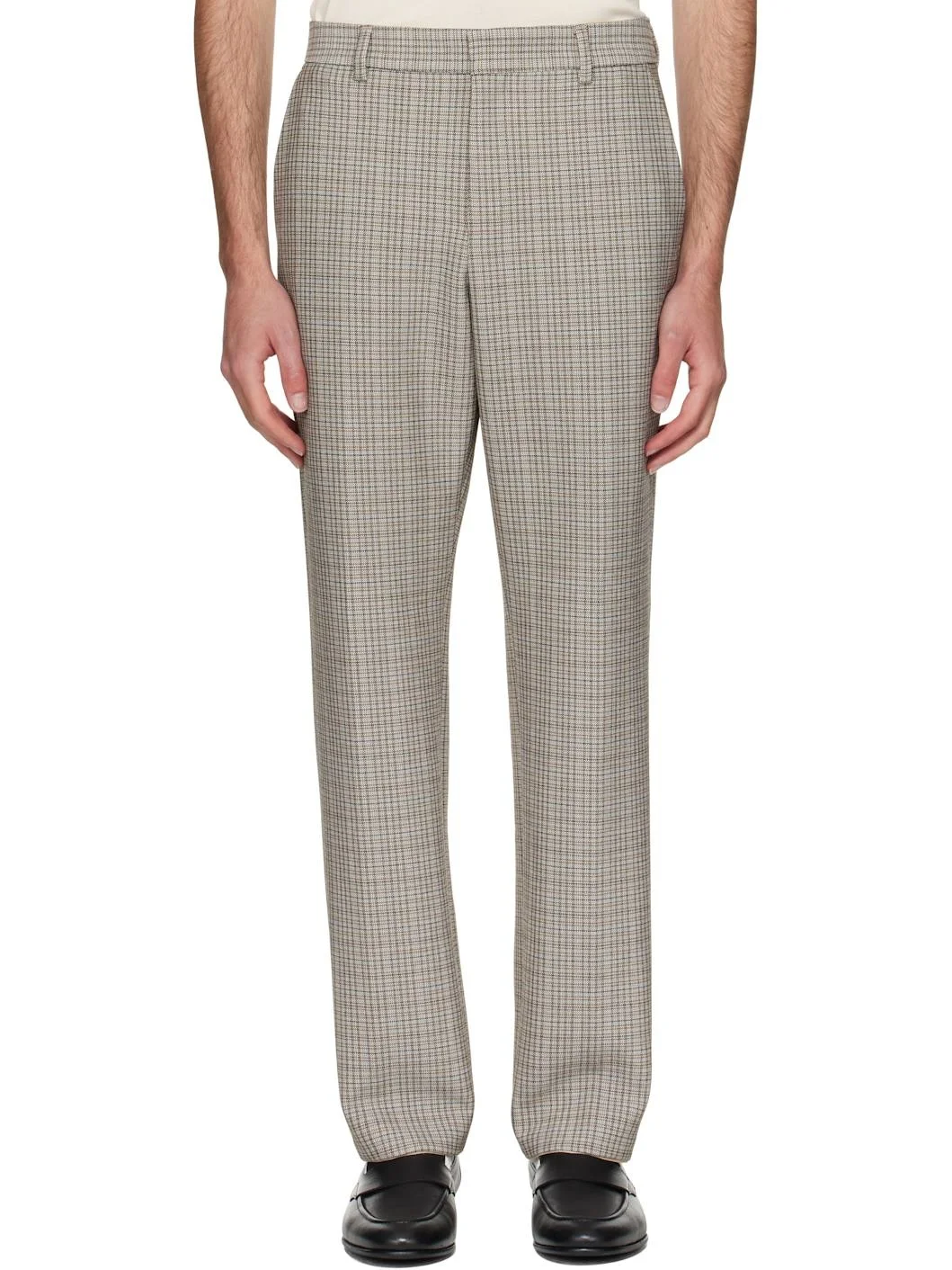 Beige Relaxed-Fit Checked Stretch Fabric Trousers - 1