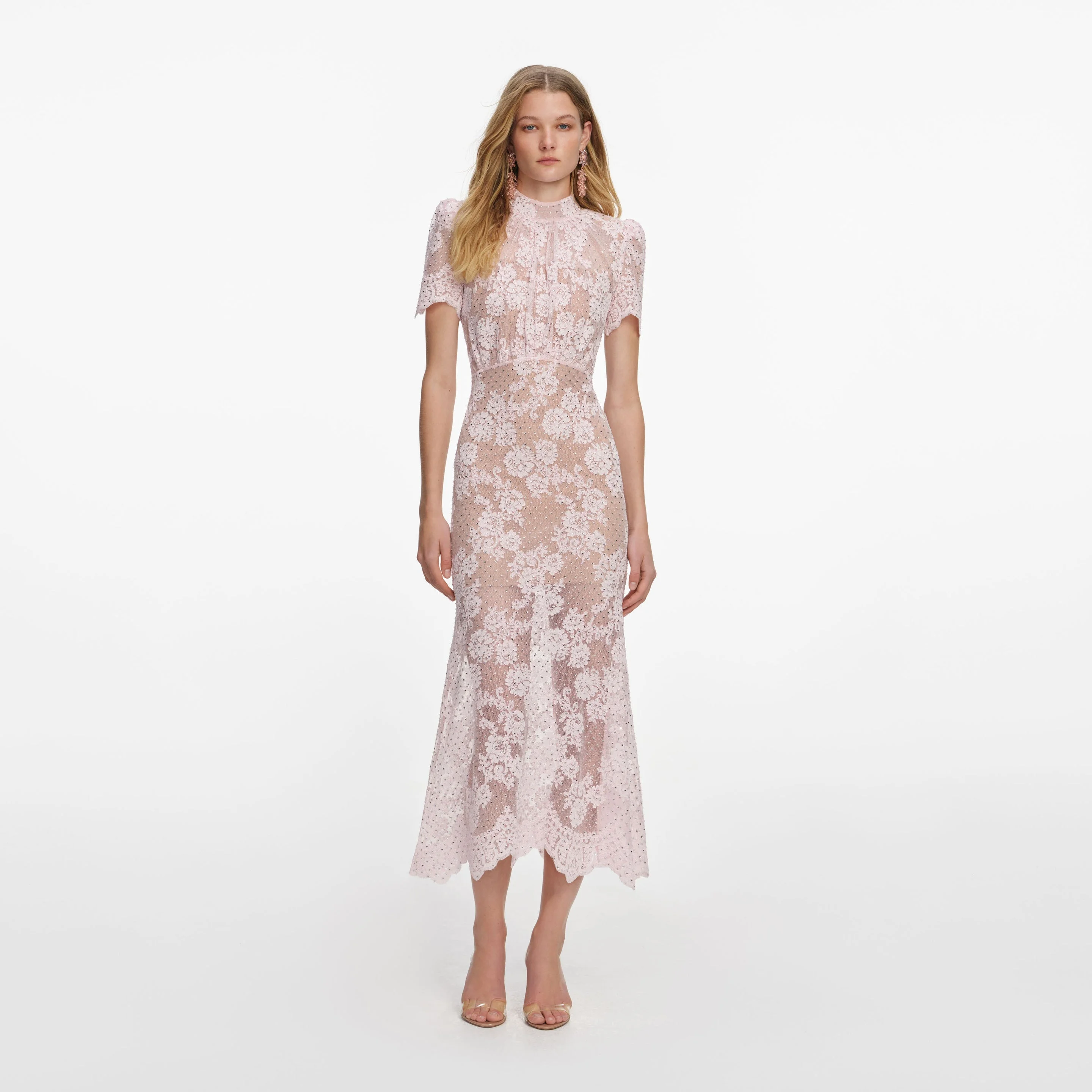 Pink Rhinestone Lace Midi Dress - 1