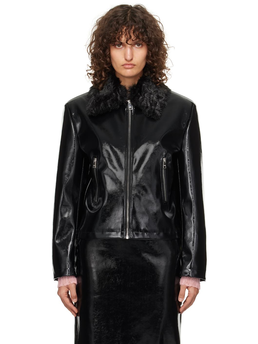 Black Patent Faux-Leather Jacket - 1