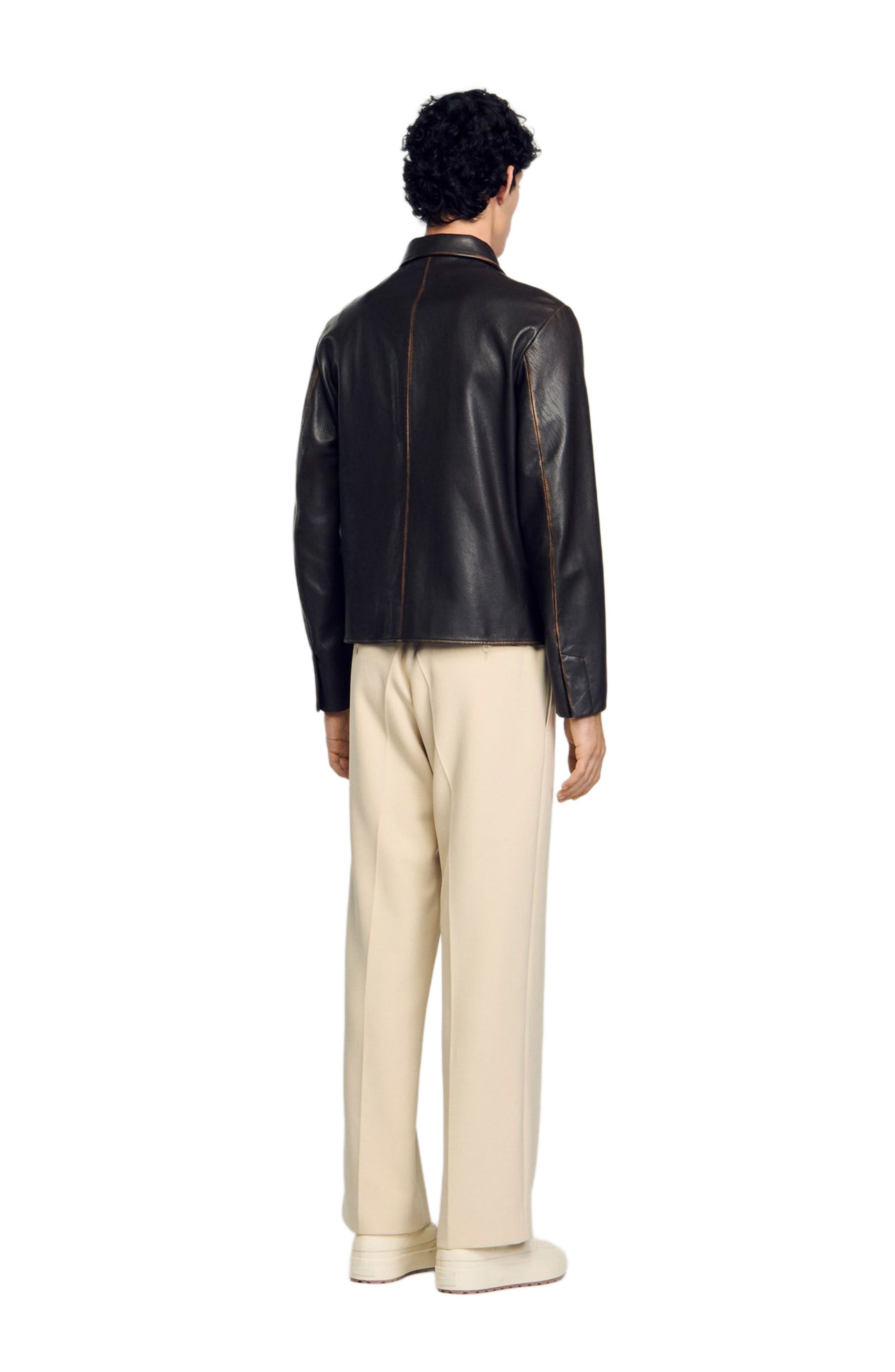 SANDRO Distressed-look leather jacket in Moka. at Nordstrom - 2
