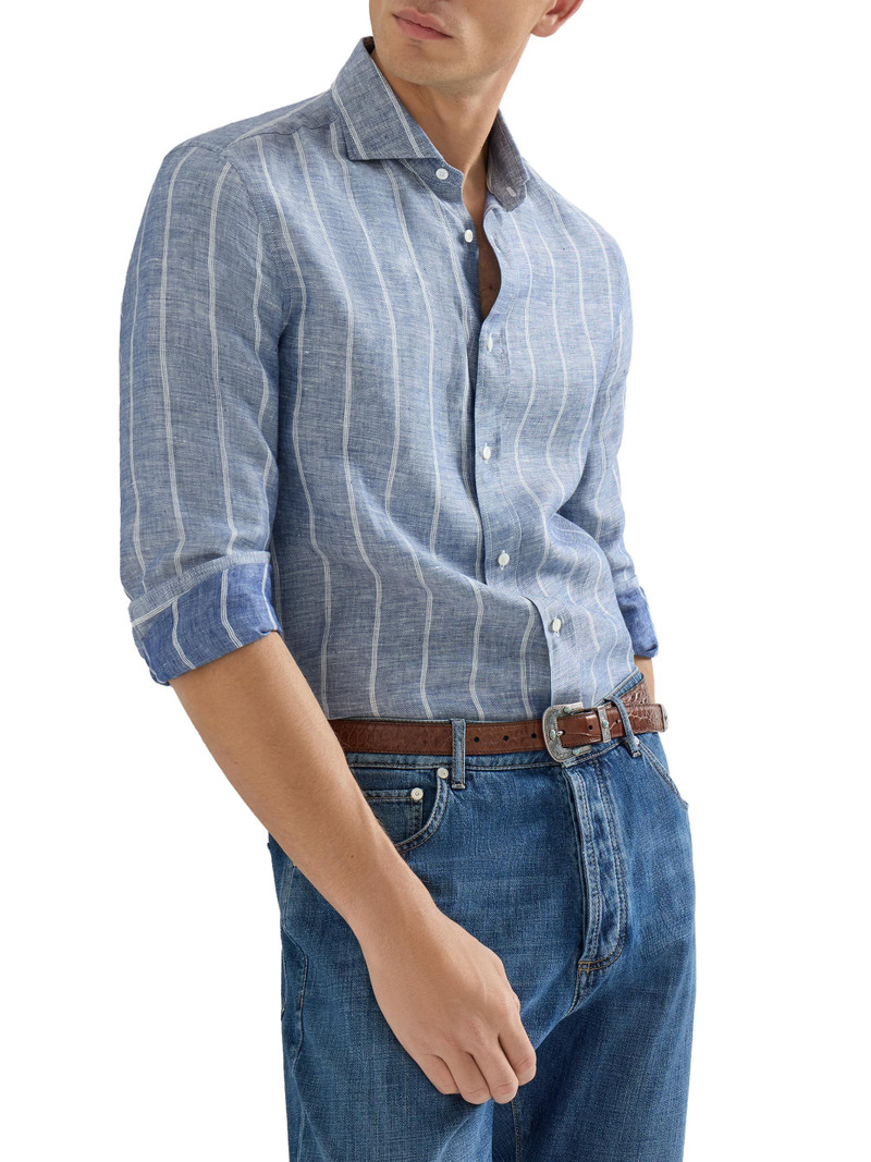 Men's Linen Denim Effect Twill Easy Fit Shirt with Spread Collar - Denim 5