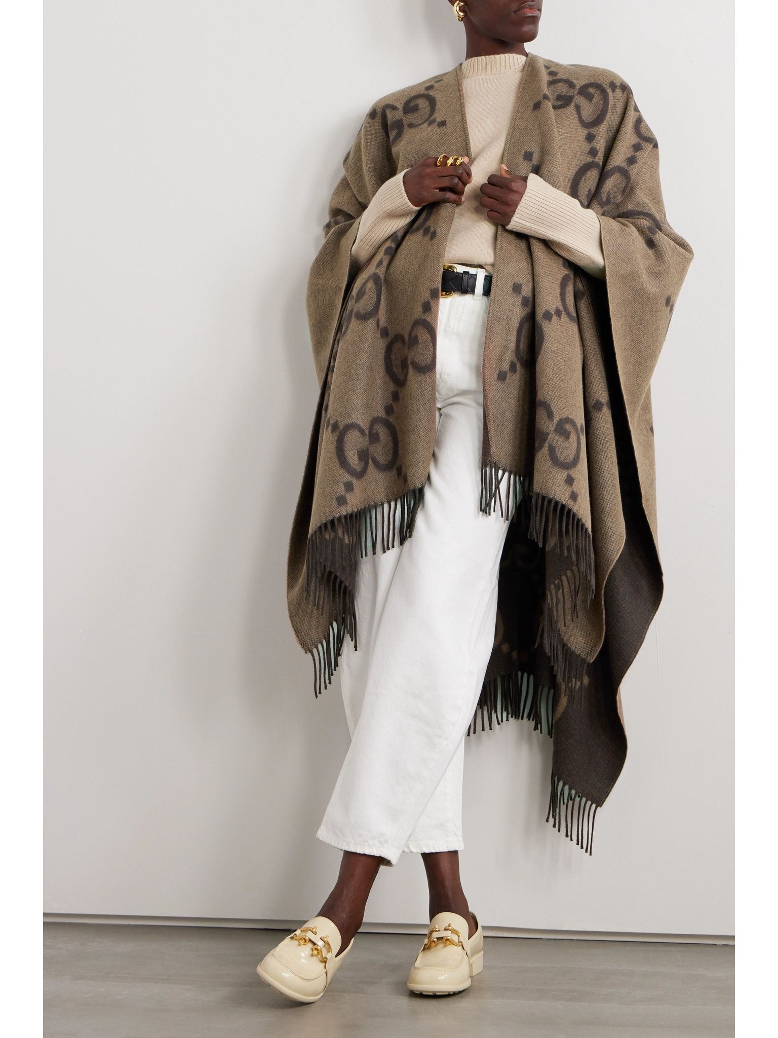 Reversible fringed jacquard-knit cashmere wrap Brown - 2