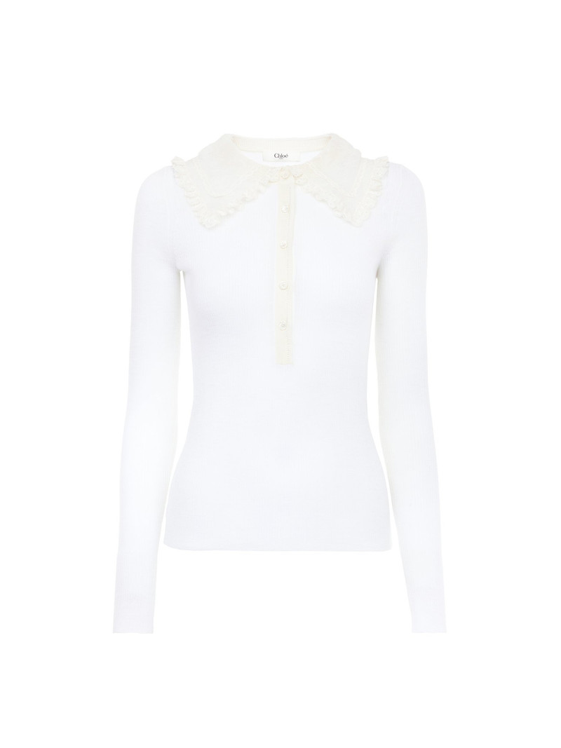 COLLARED HENLEY SHIRT IN SUPERFINE WOOL KNIT & LACE 1