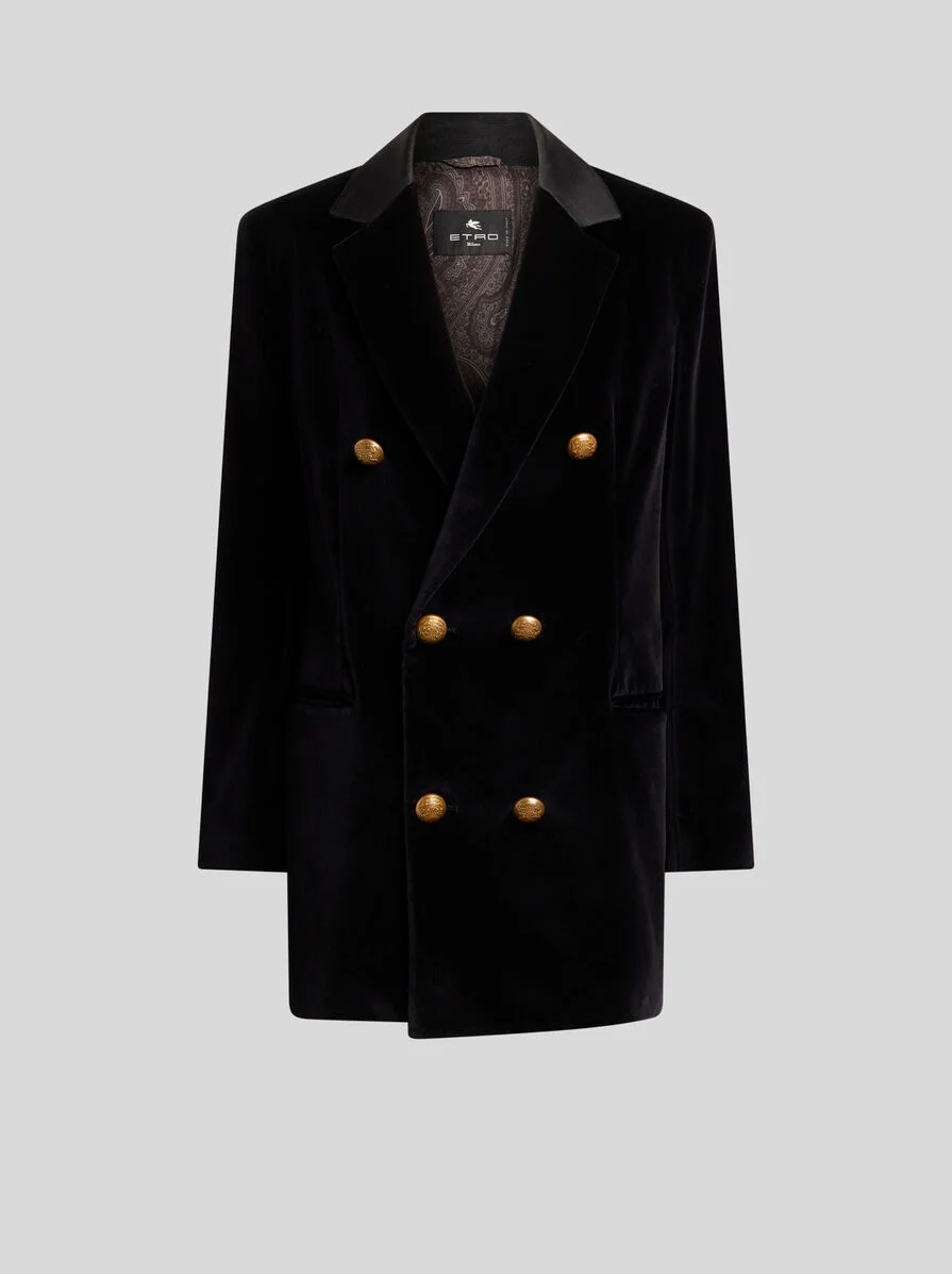 LONG DOUBLE-BREASTED STRETCH COTTON VELVET JACKET - 1