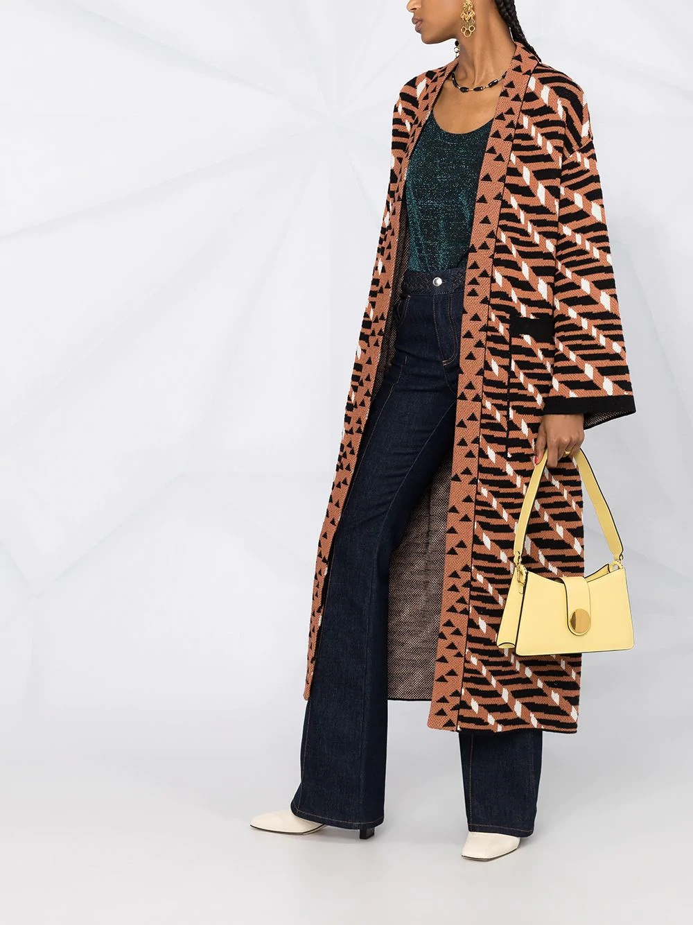 geometric-pattern belted coat - 6