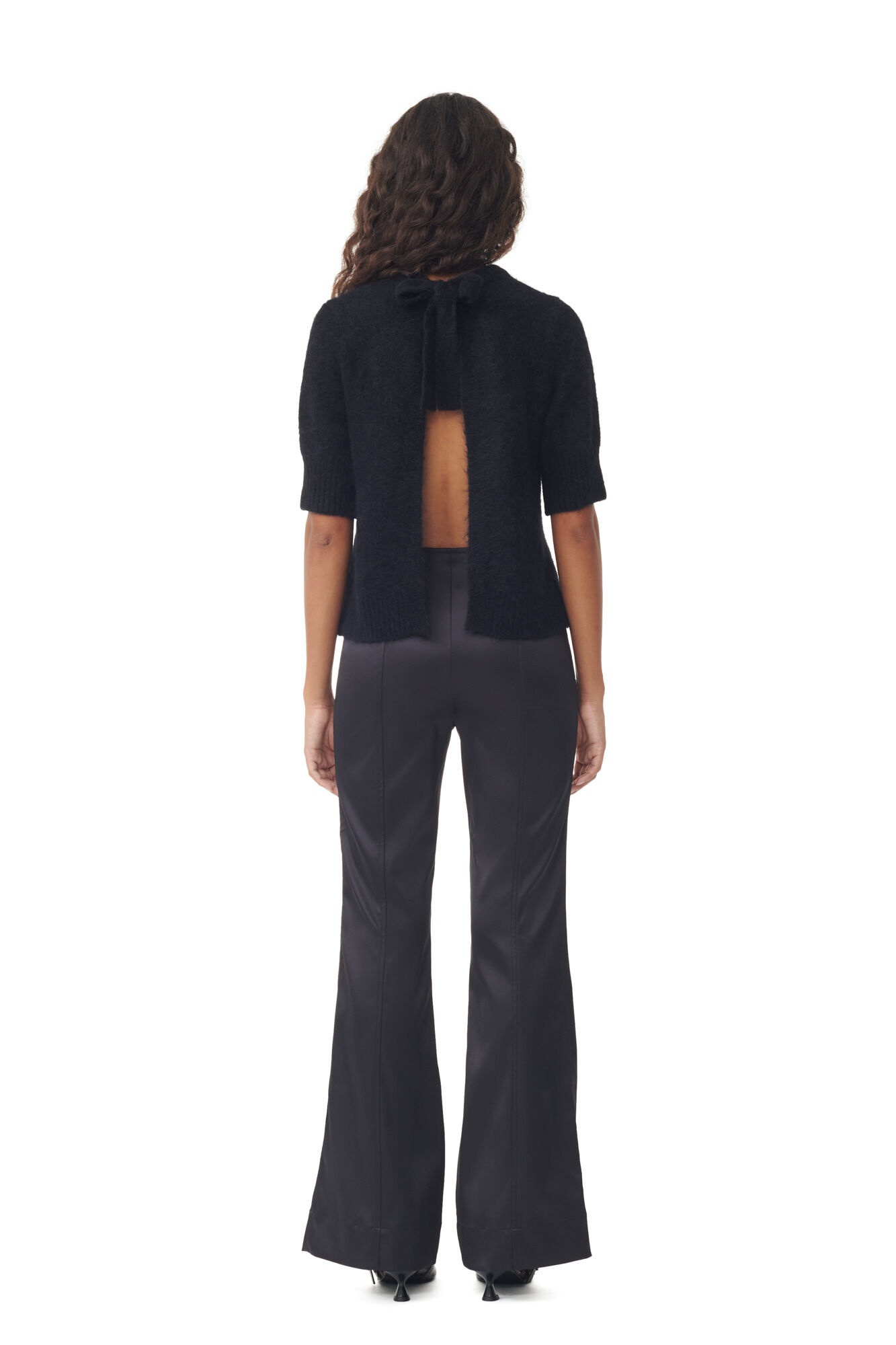 BLACK DOUBLE SATIN FLARED PANTS - 4