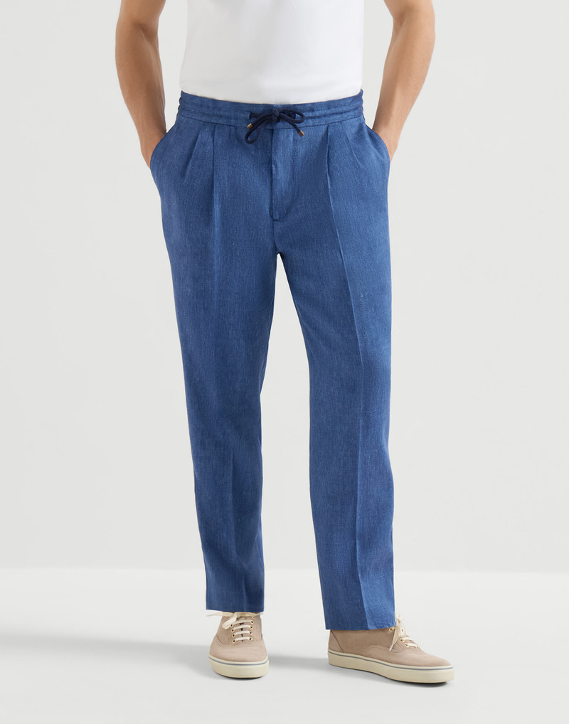 Linen and virgin wool chevron trousers with drawstring and double pleats 2