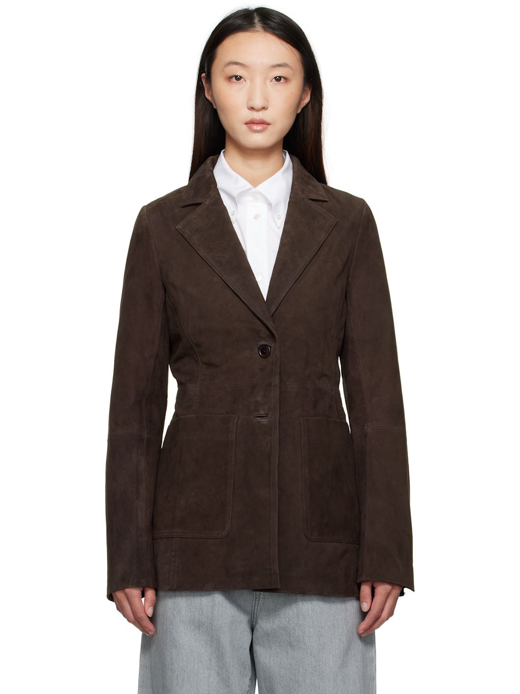 Brown Cinched Suede Blazer - 1