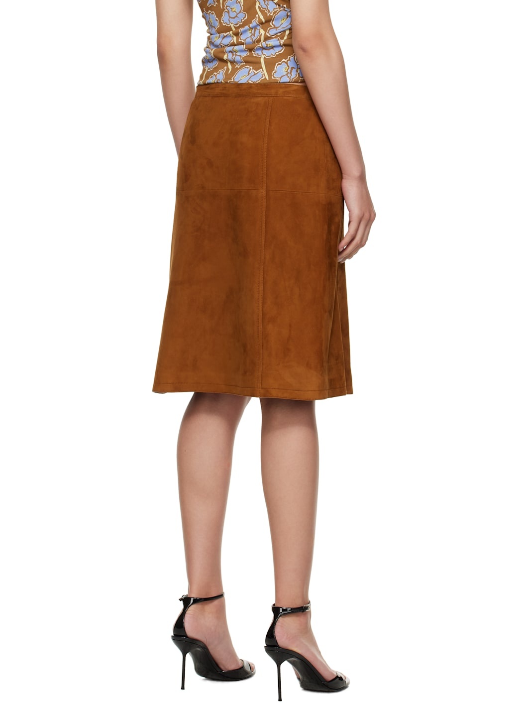 Brown Zip Suede Midi Skirt - 3