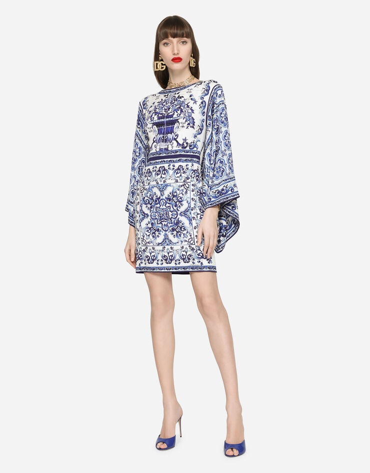 Short majolica-print charmeuse dress - 1