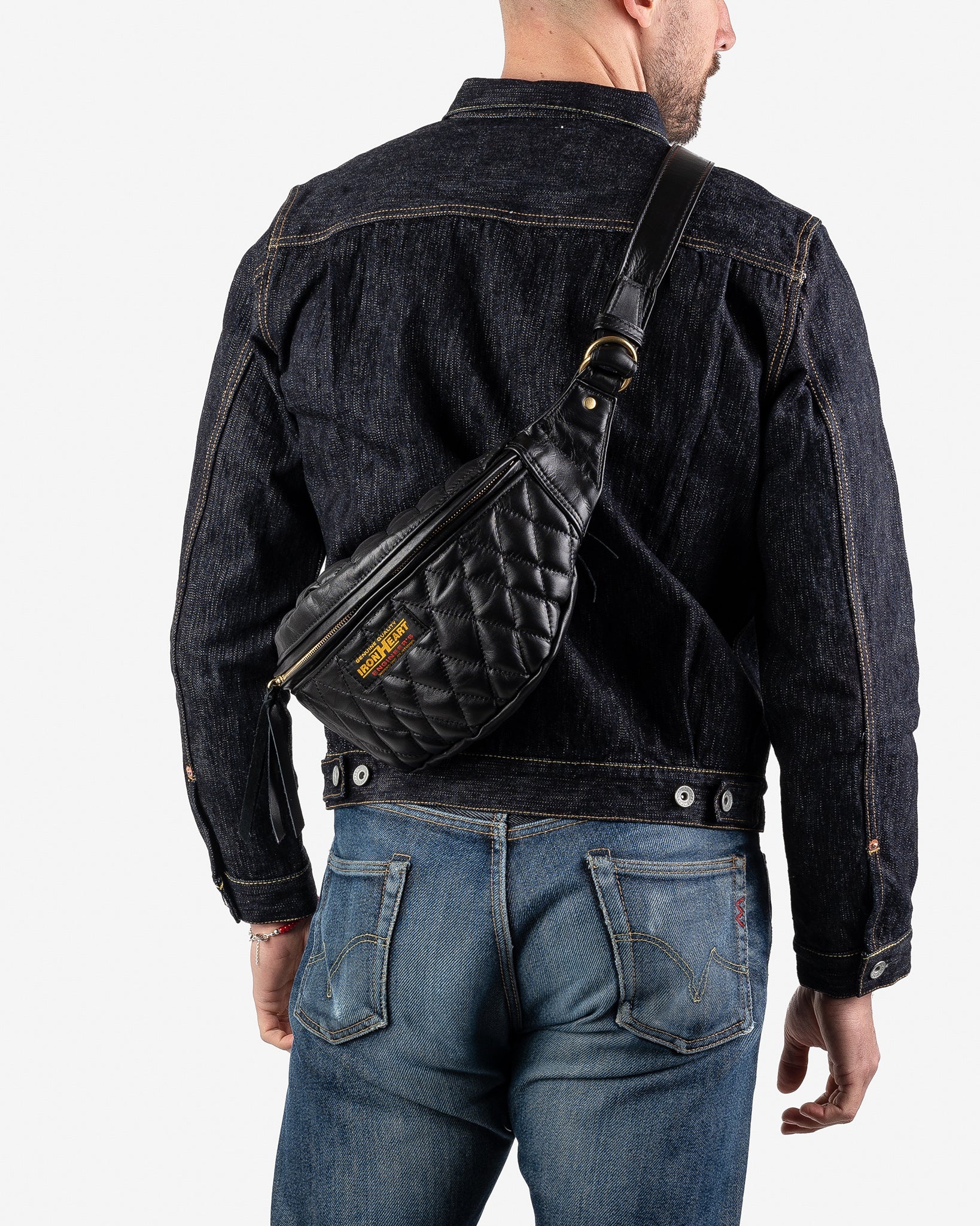 IHE-45-BLK Diamond Stitched Leather Waist Bag - Black - 2