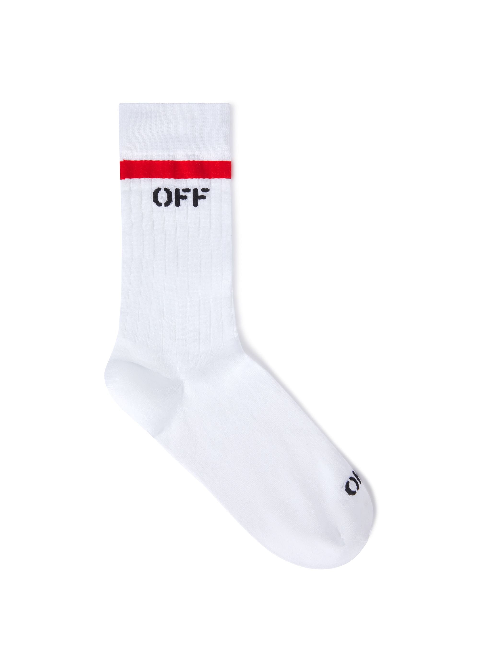 White Off Stamp Mid Calf Knit Socks - 1