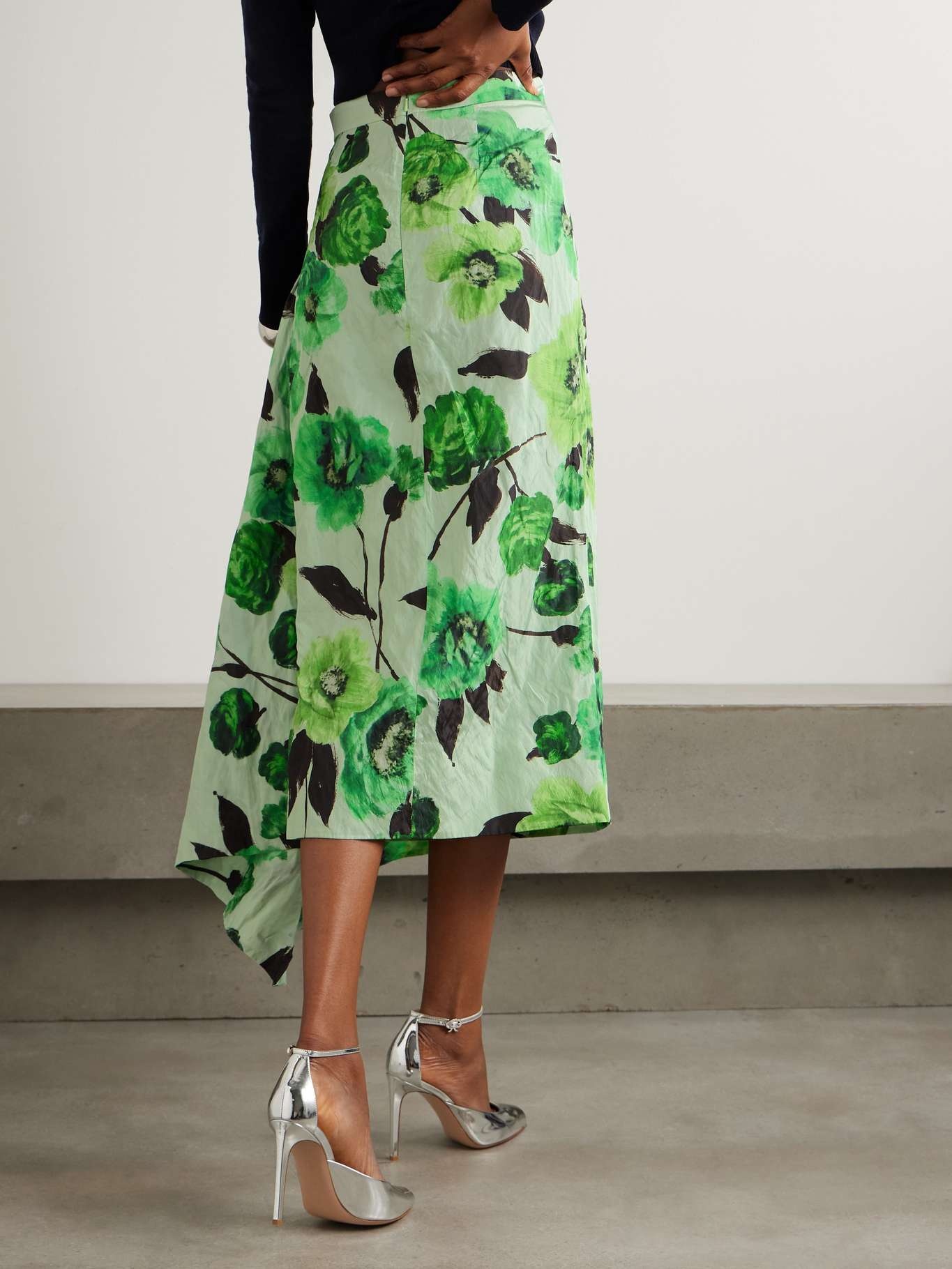 Asymmetric draped floral-print crinkled-taffeta midi skirt - 3