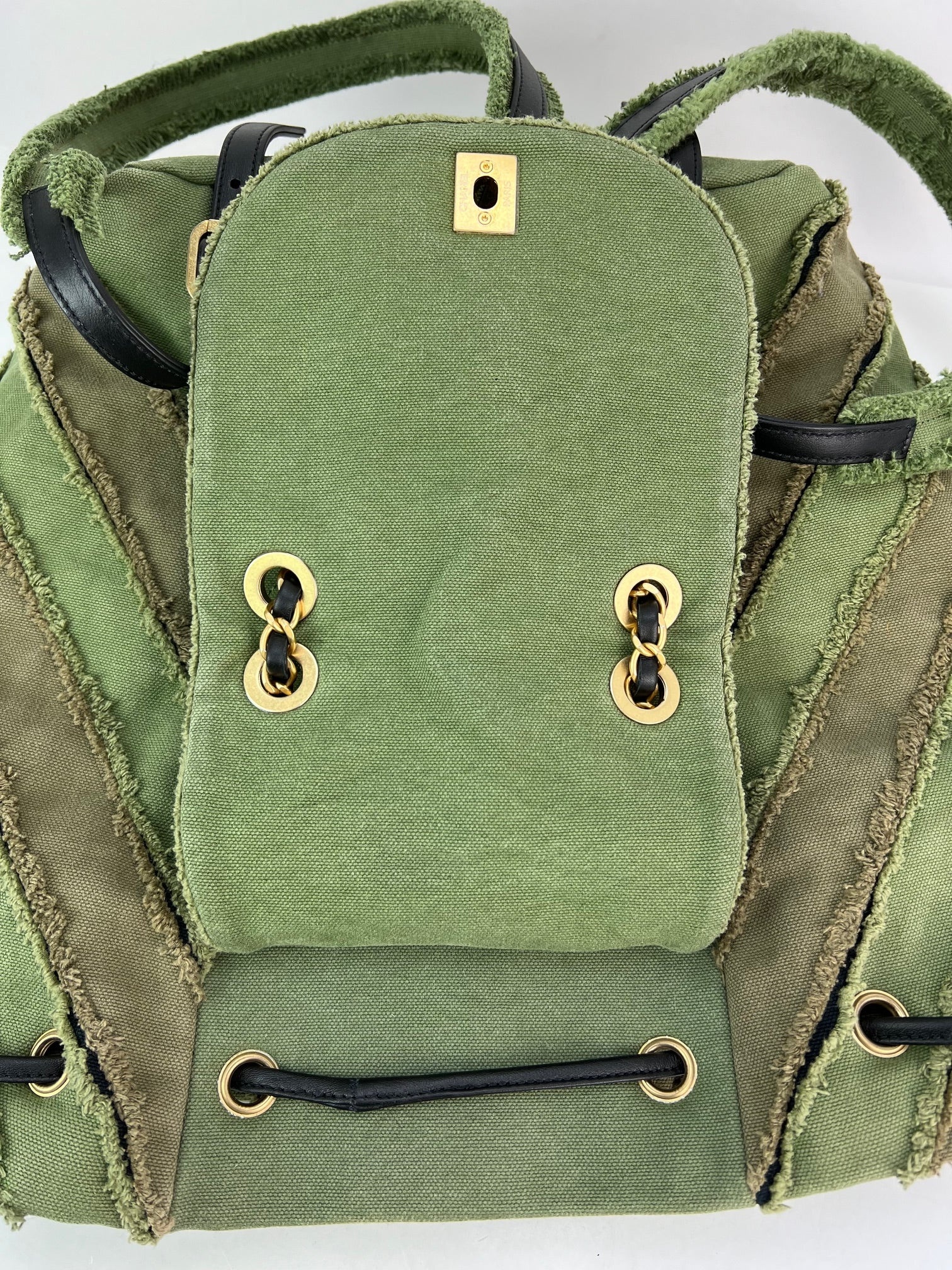 CHANEL Backpack Canvas Chevron Cuba Patchwork Khaki Green Backpack Preowned - 11
