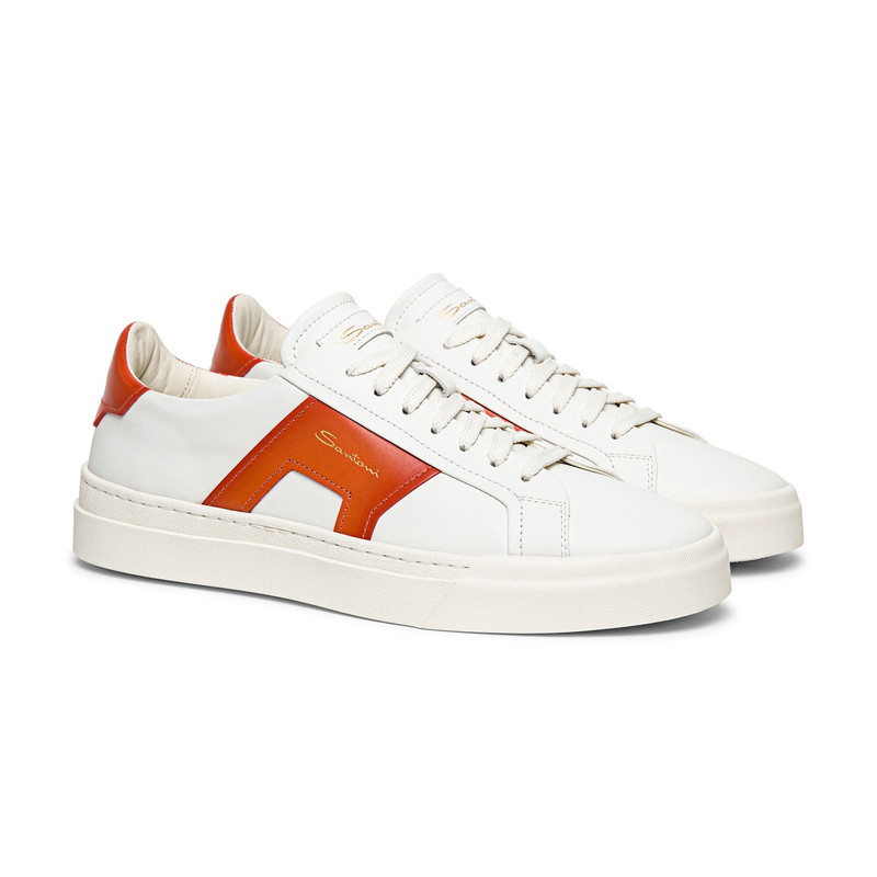 Men’s white and orange leather double buckle sneaker 3