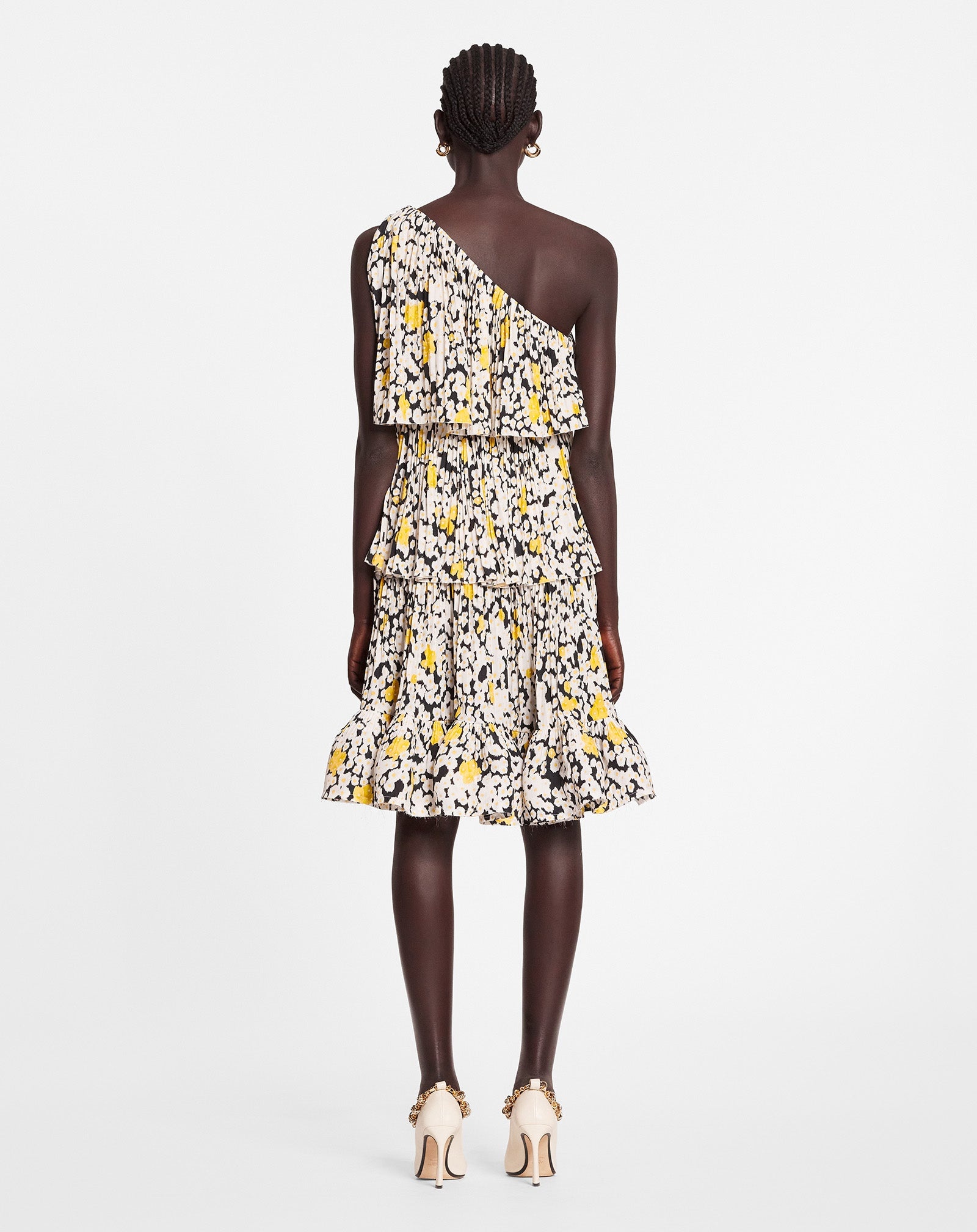 PRINTED CHARMEUSE ASYMMETRIC DRESS WITH RUFFLES - 4