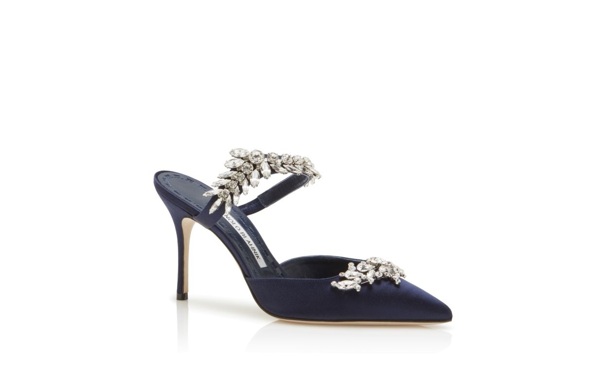 Navy Satin Crystal Embellished Mules - 3