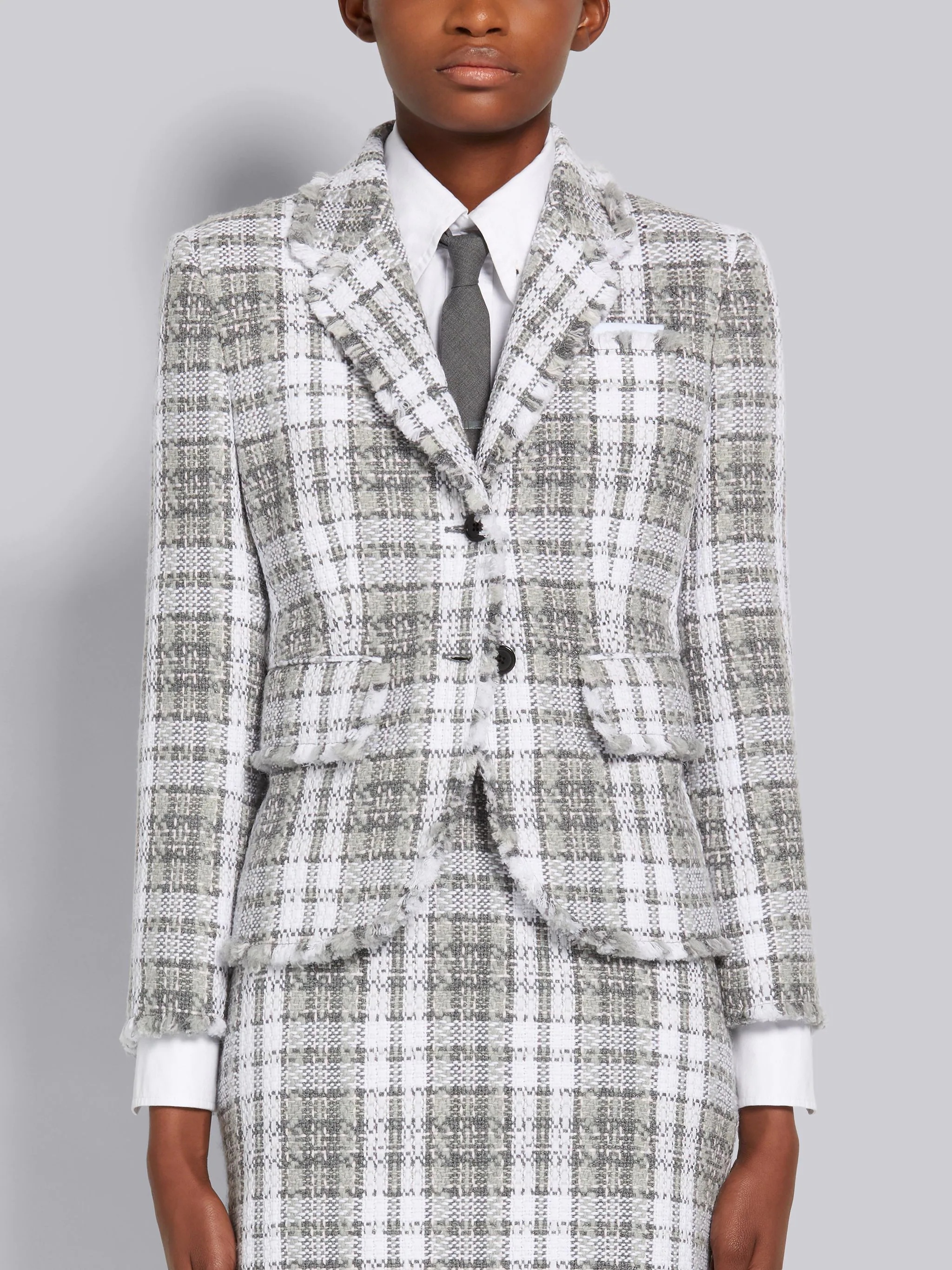 Medium Grey Tartan Check Tweed Frayed High Armhole Sport Coat - 1