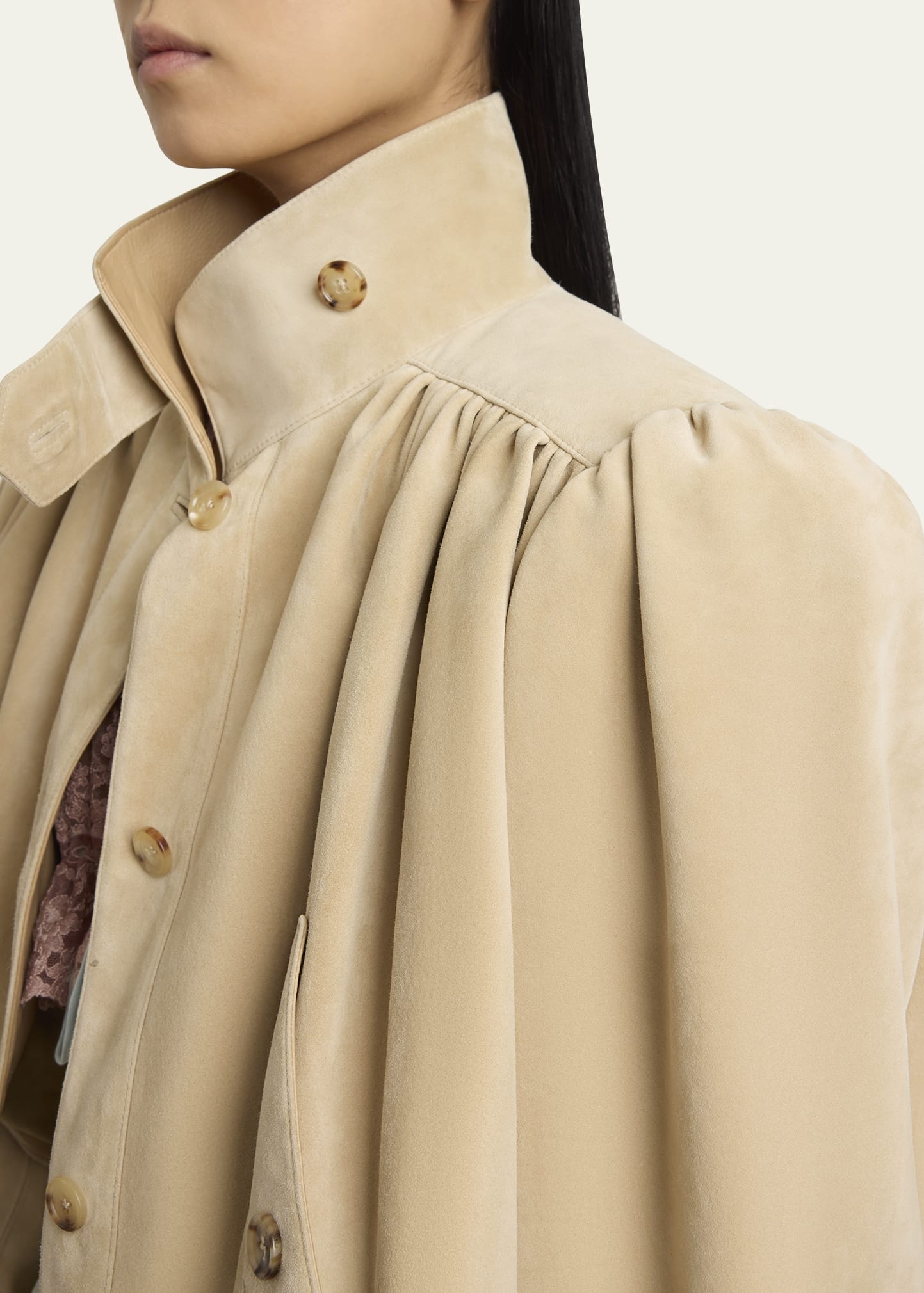 Suede High Neck Gathered Shoulder Cropped Jacket - 5