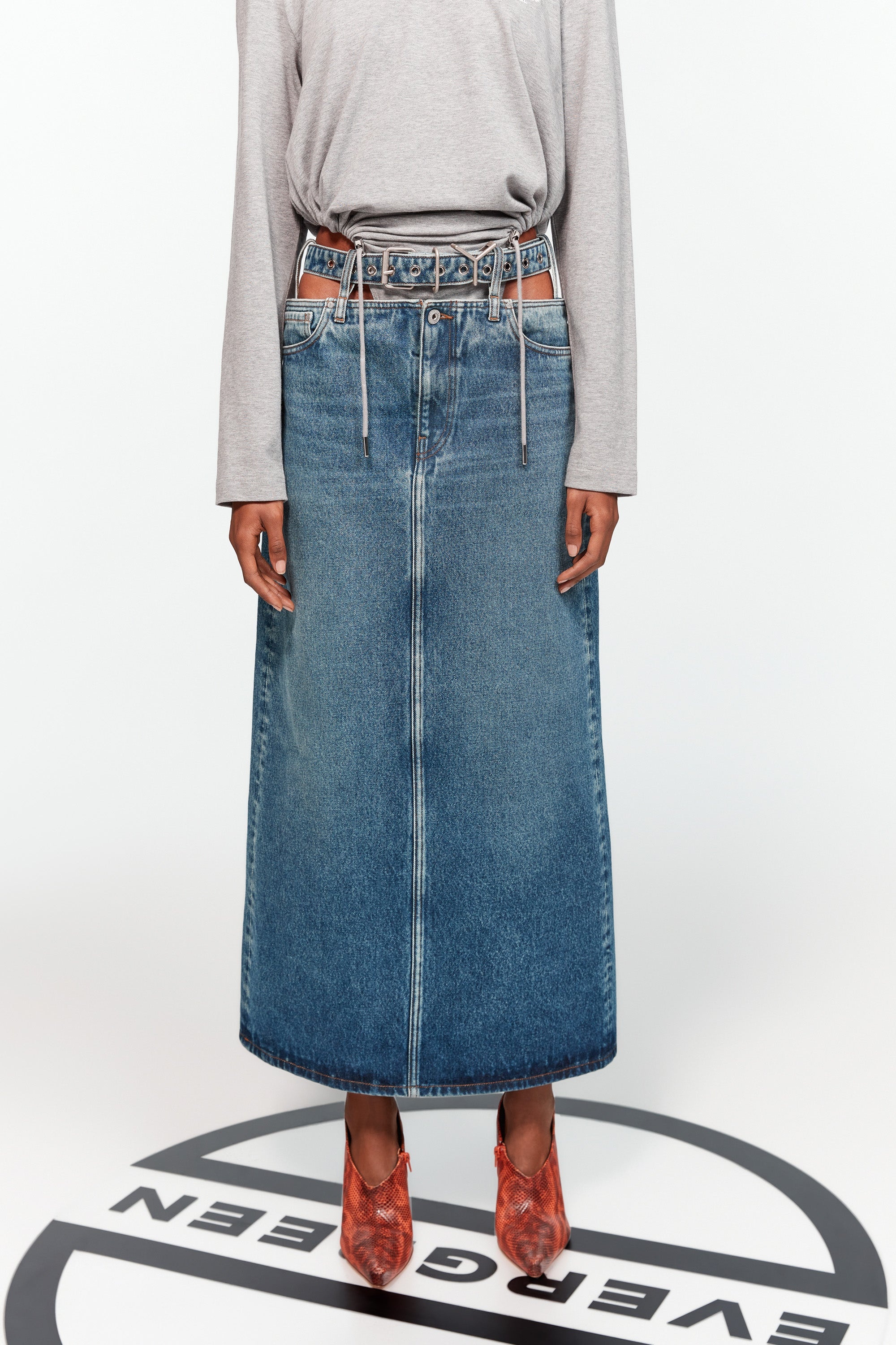 Evergreen Y Belt Denim Midi Skirt - 4