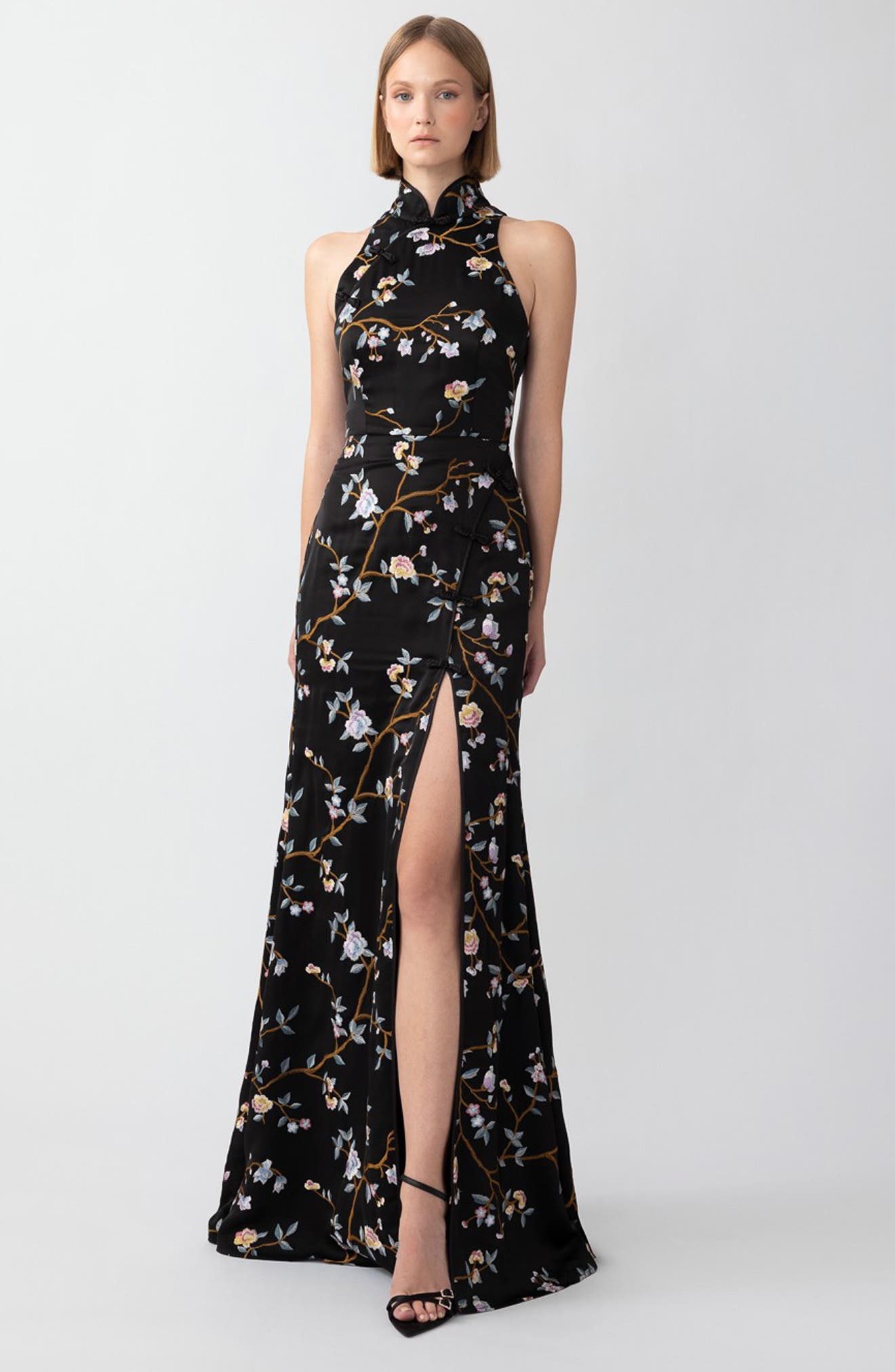 SAU LEE Ariana Floral Embroidered Gown in Black at Nordstrom - 4