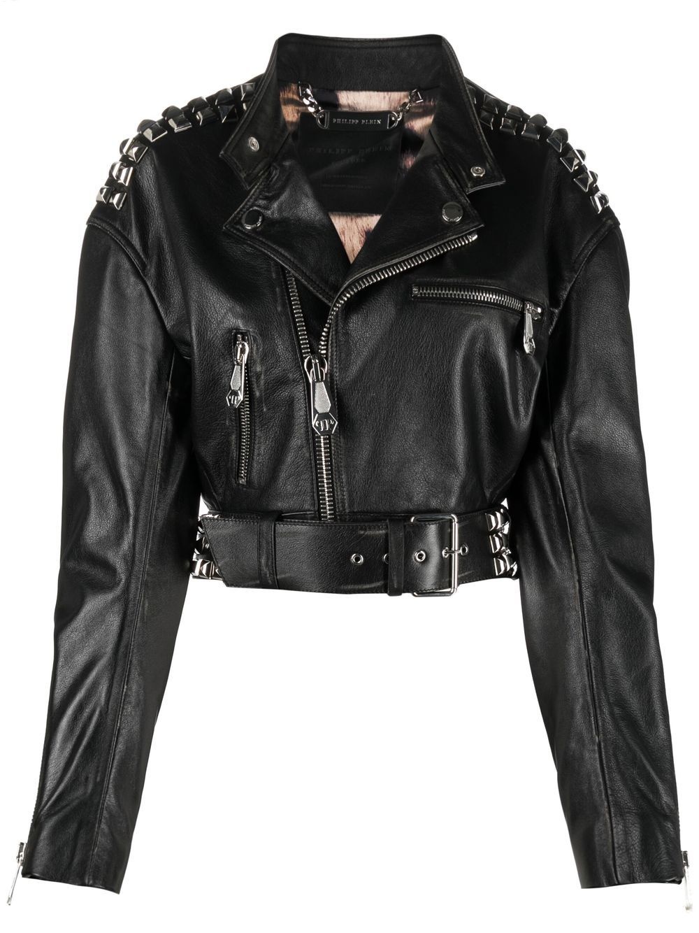 rock-stud cropped leather jacket - 1