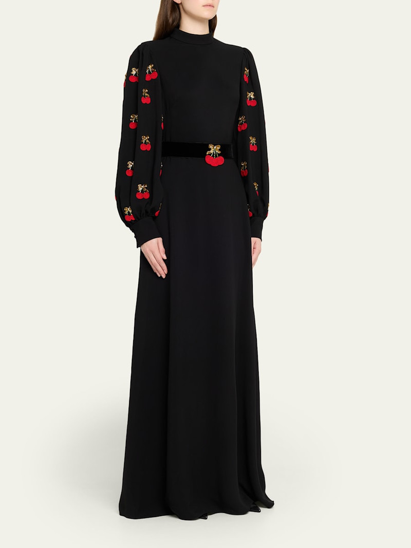 Cherry Embroidered Belted Puff-Sleeve Gown 4