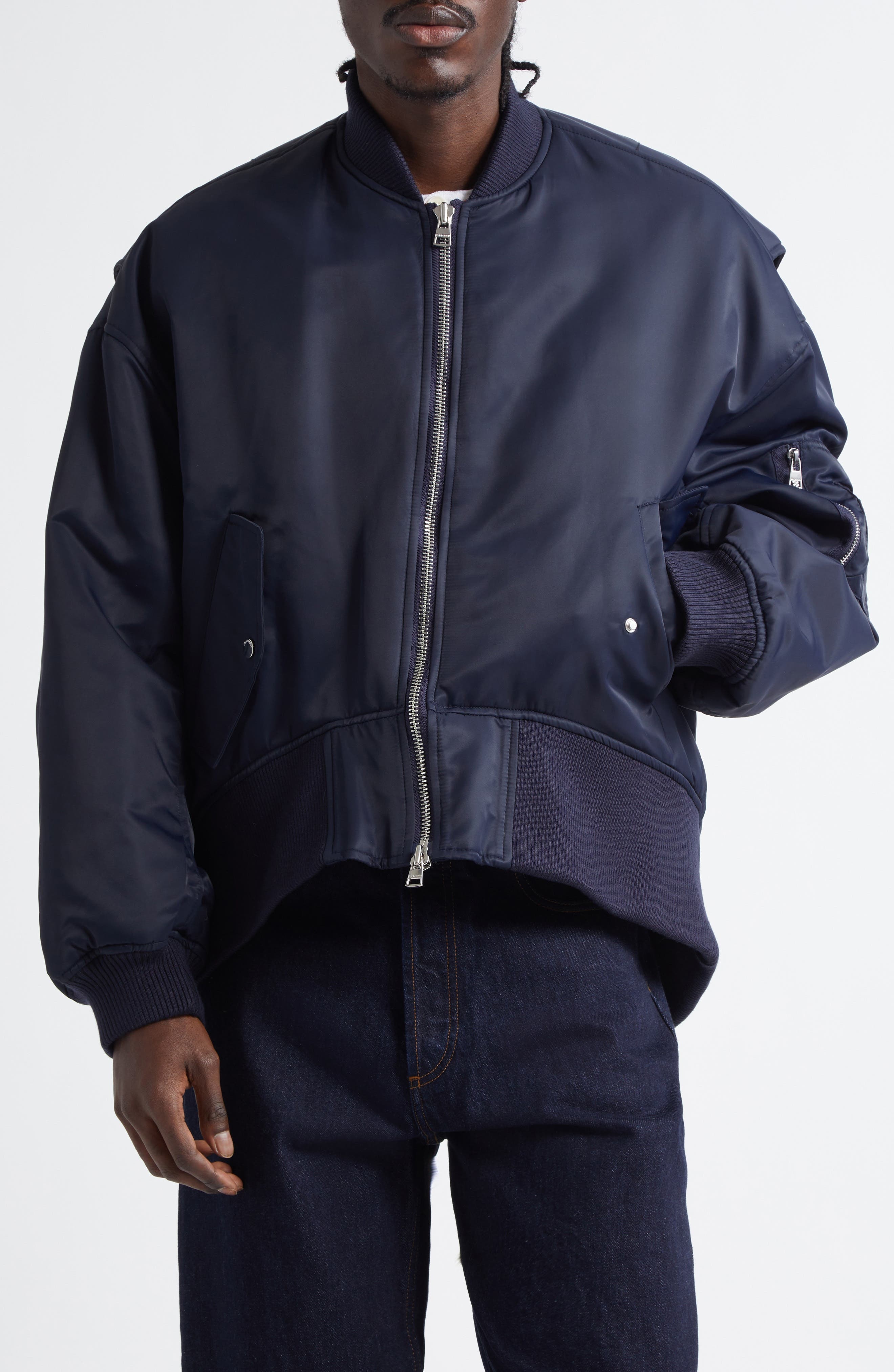 JW Anderson Curved Hem Oversize Bomber Jacket in Navy at Nordstrom - 1