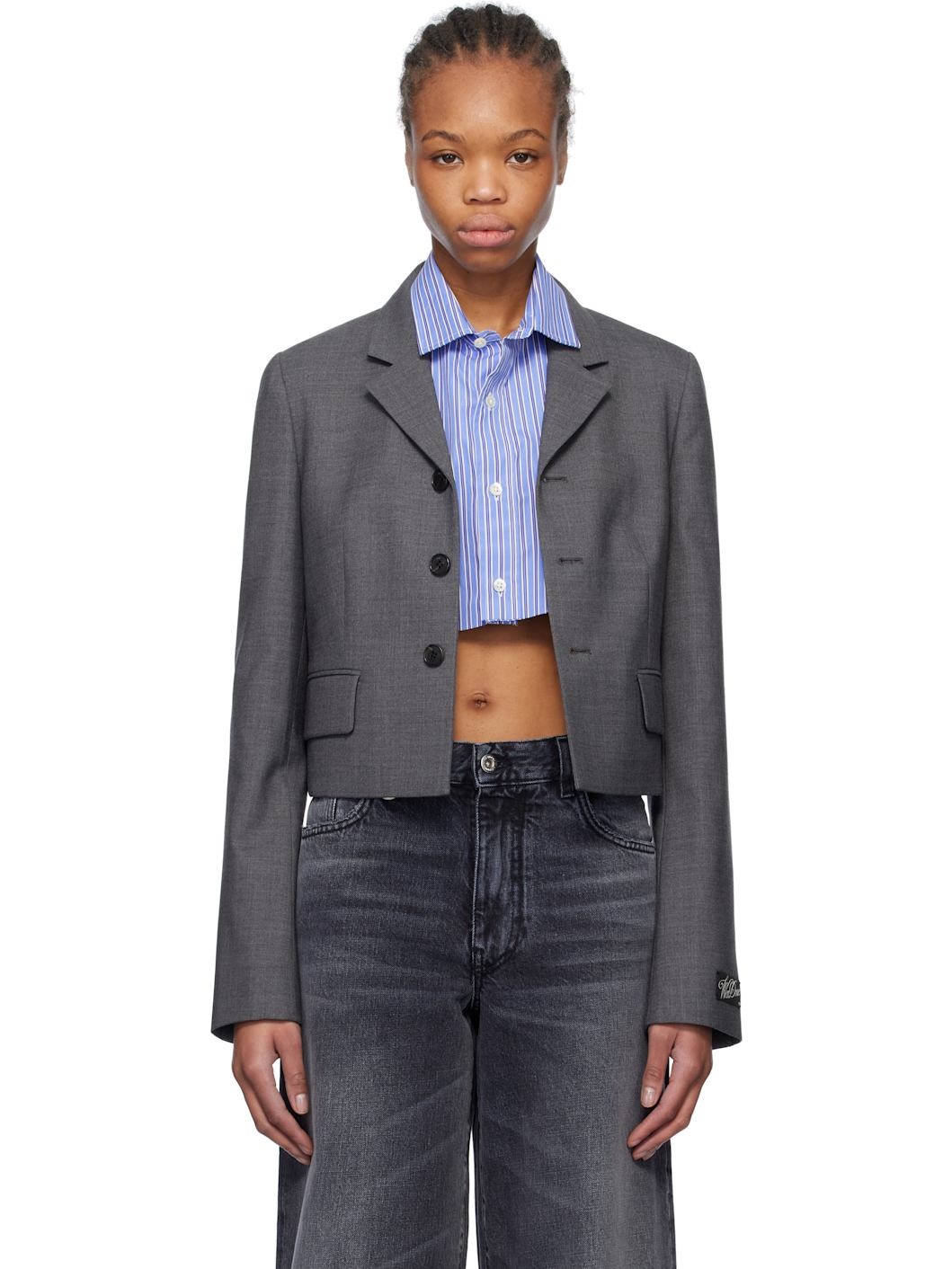 Gray Single-Breasted Crop Blazer - 1