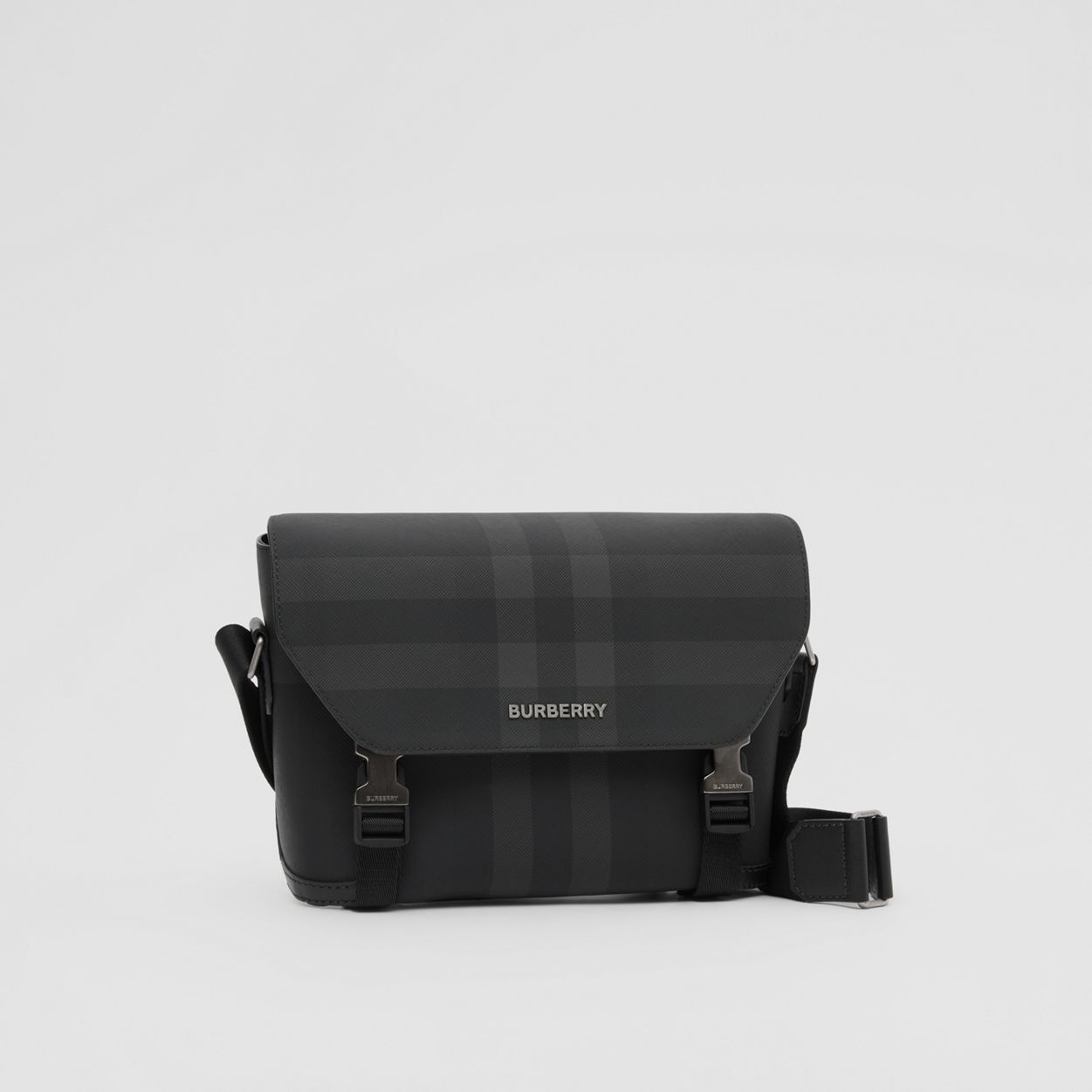 Charcoal Check and Leather Messenger Bag - 7