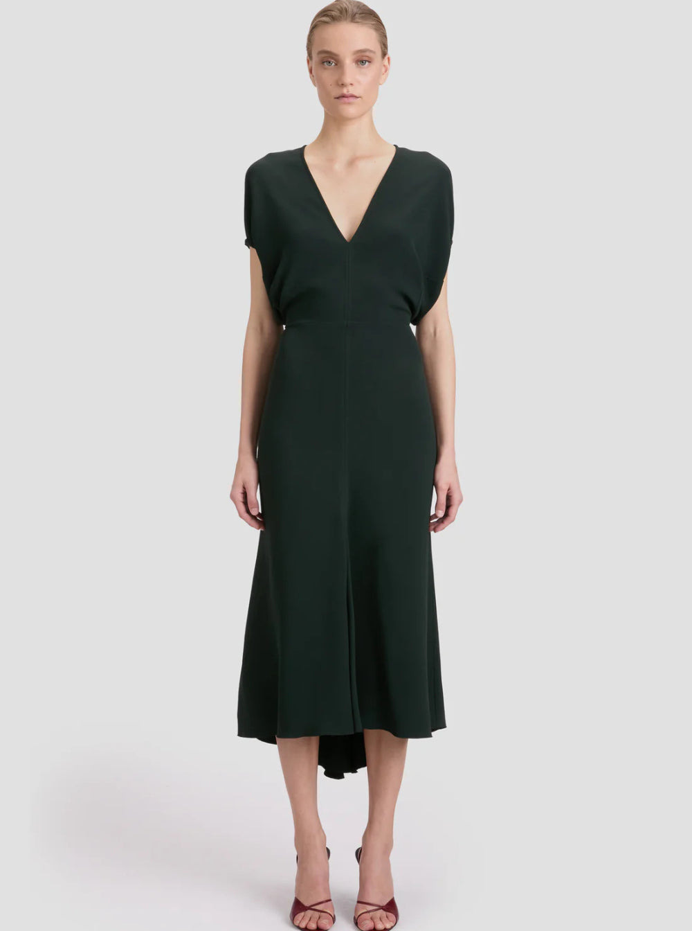 Victoria Beckham Women Green Midi Dress With Ruched Sleeves And V Neck In Viscose Blend Stretch Woma - 4