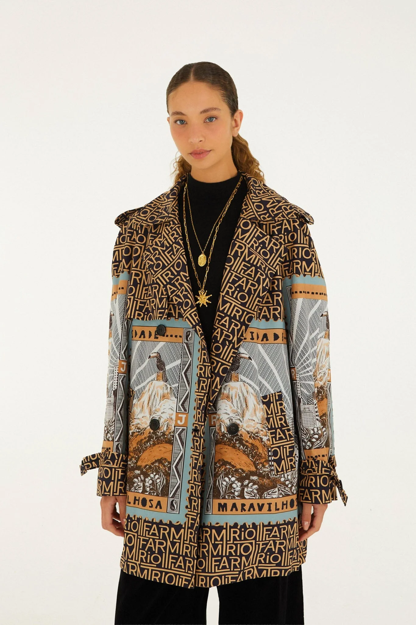 Mixed Carioca Coffee Scarves Trench Coat - 1