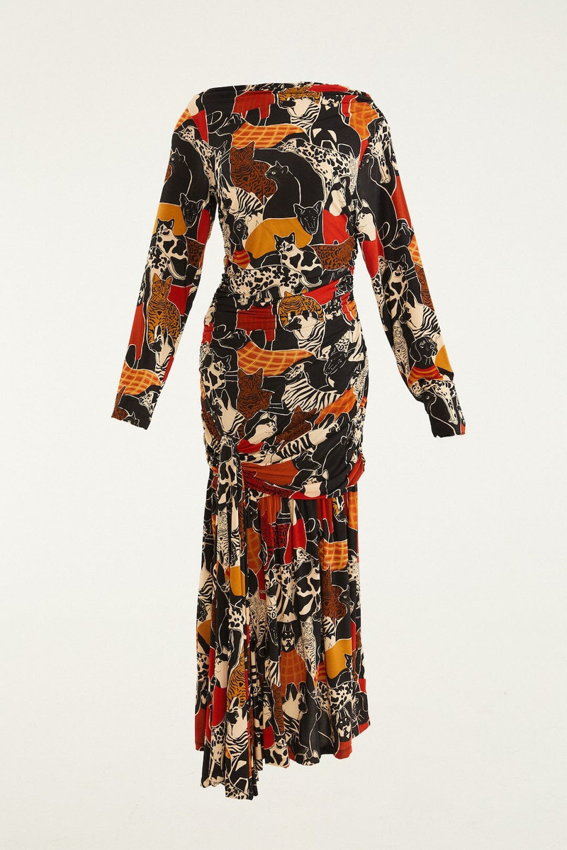 Multicolor Cats And Dogs Long Sleeve Draped Midi Dress 5